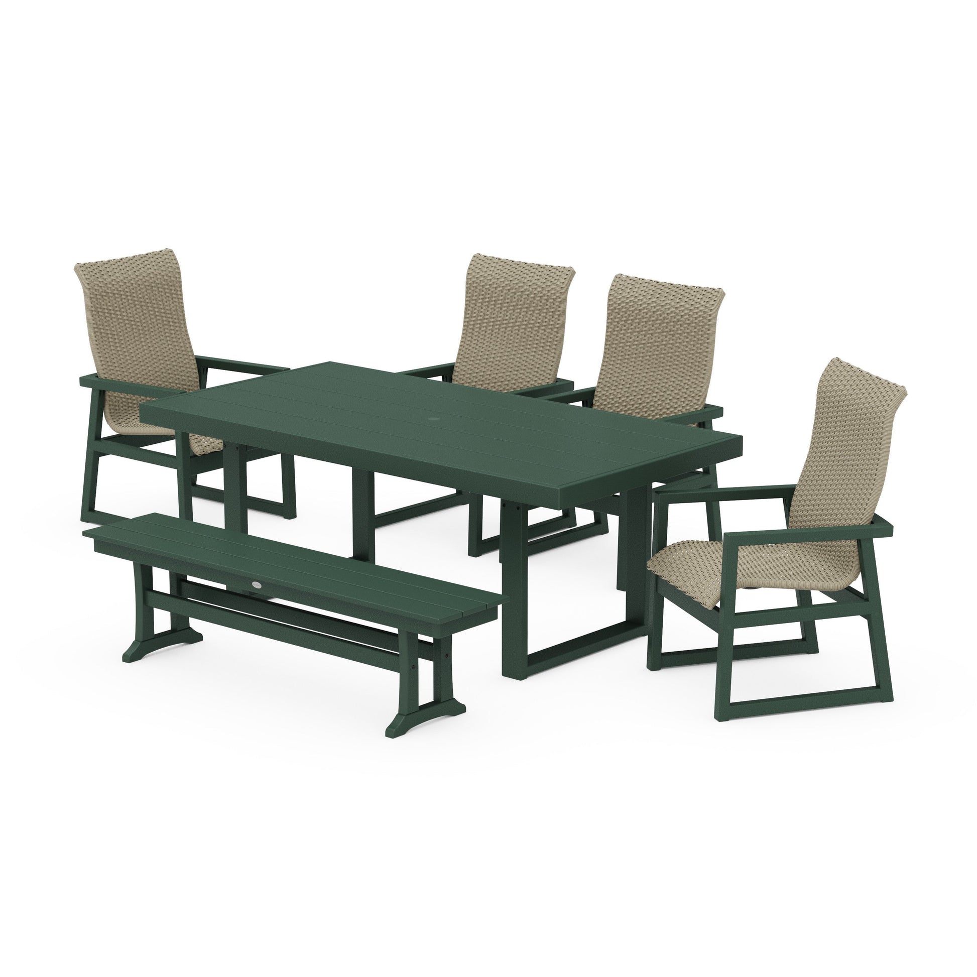 POLYWOOD EDGE Woven Highback 6-Piece Dining Set with Bench — Green / Dune Grass