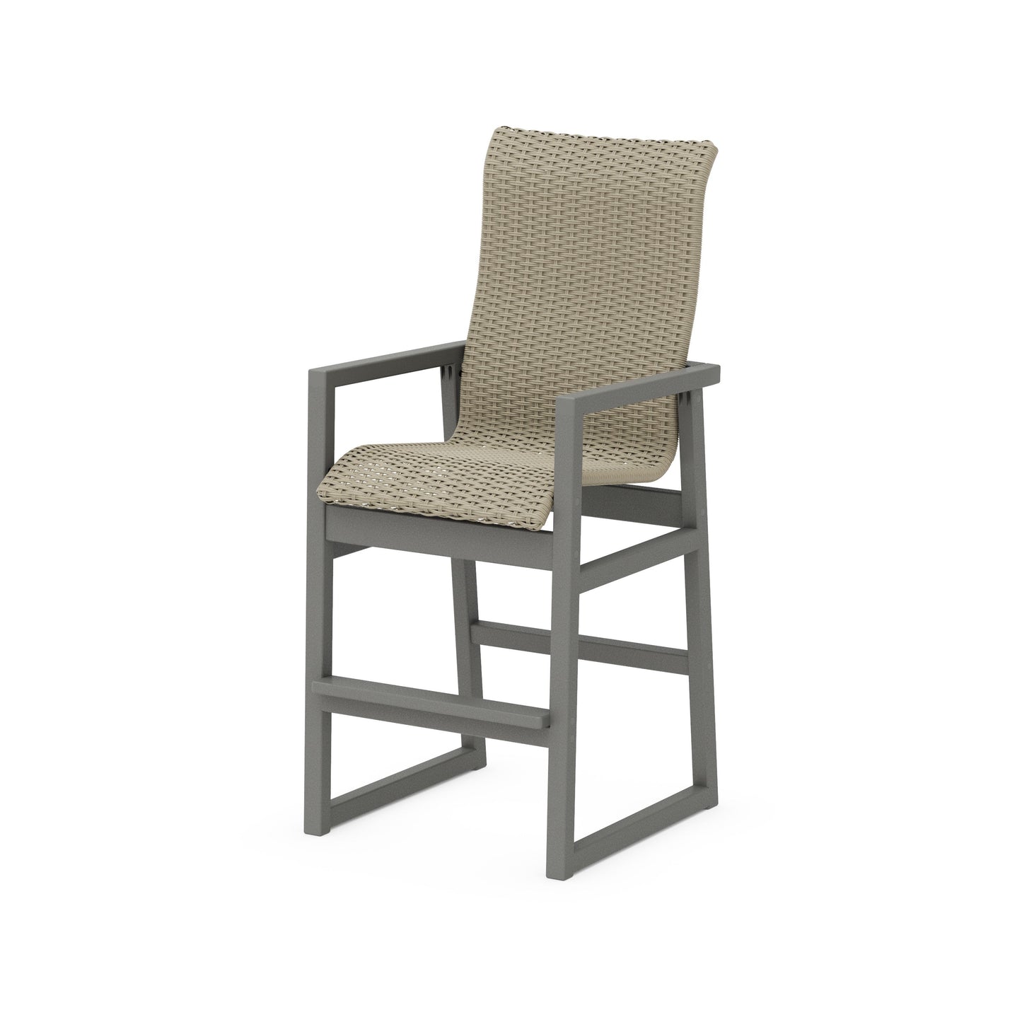 POLYWOOD EDGE Woven High-Back Bar Arm Chair — Slate Grey / Dune Grass