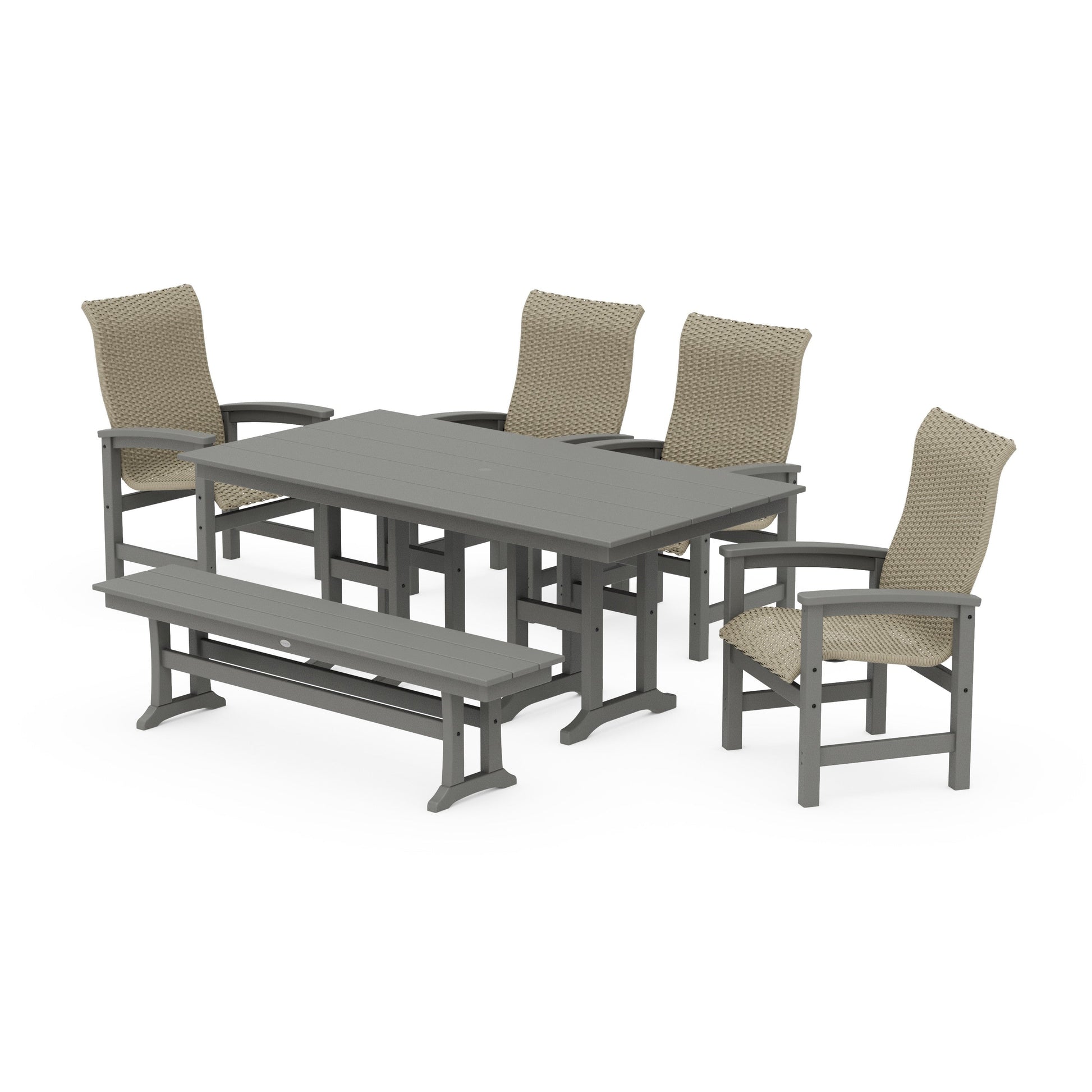 POLYWOOD Coastal Woven High-Back 6-Piece Farmhouse Dining Set with Bench — Slate Grey / Dune Grass