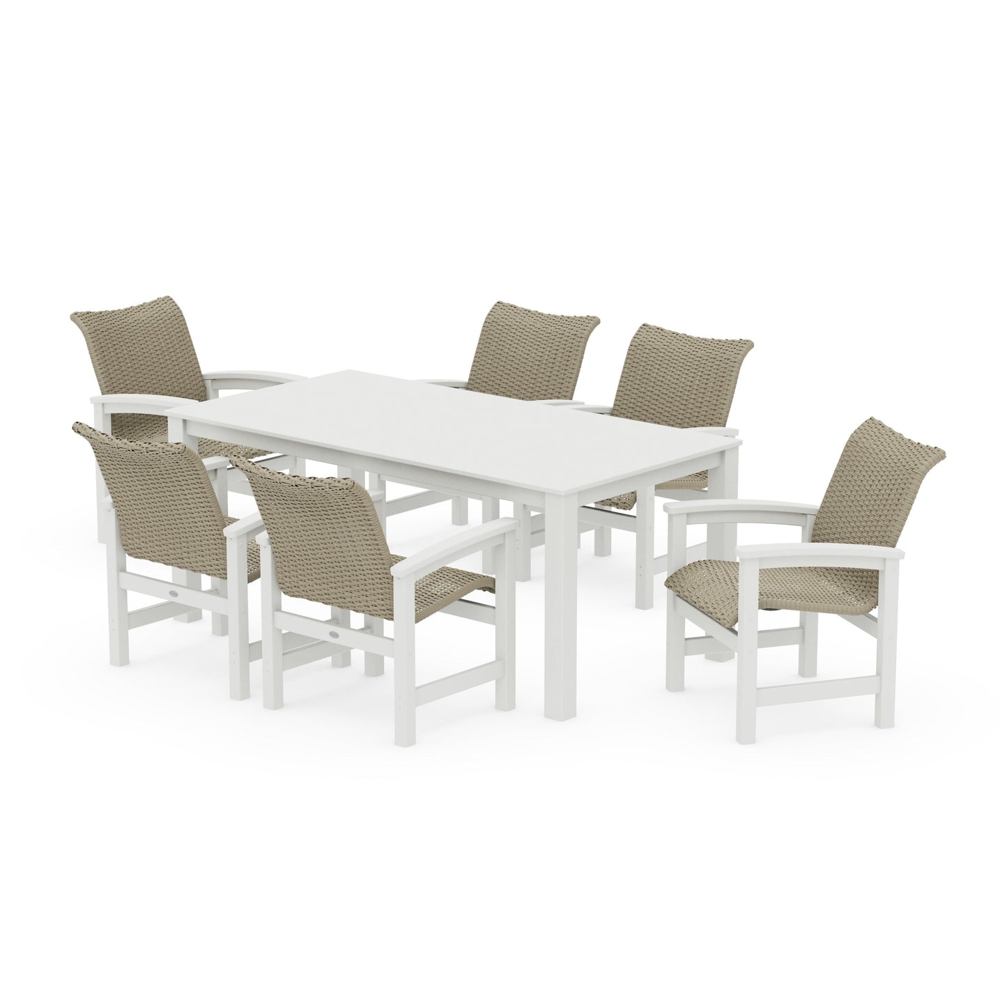POLYWOOD Coastal Woven Arm Chair 7-Piece Parsons Dining Set — Vintage White / Dune Grass