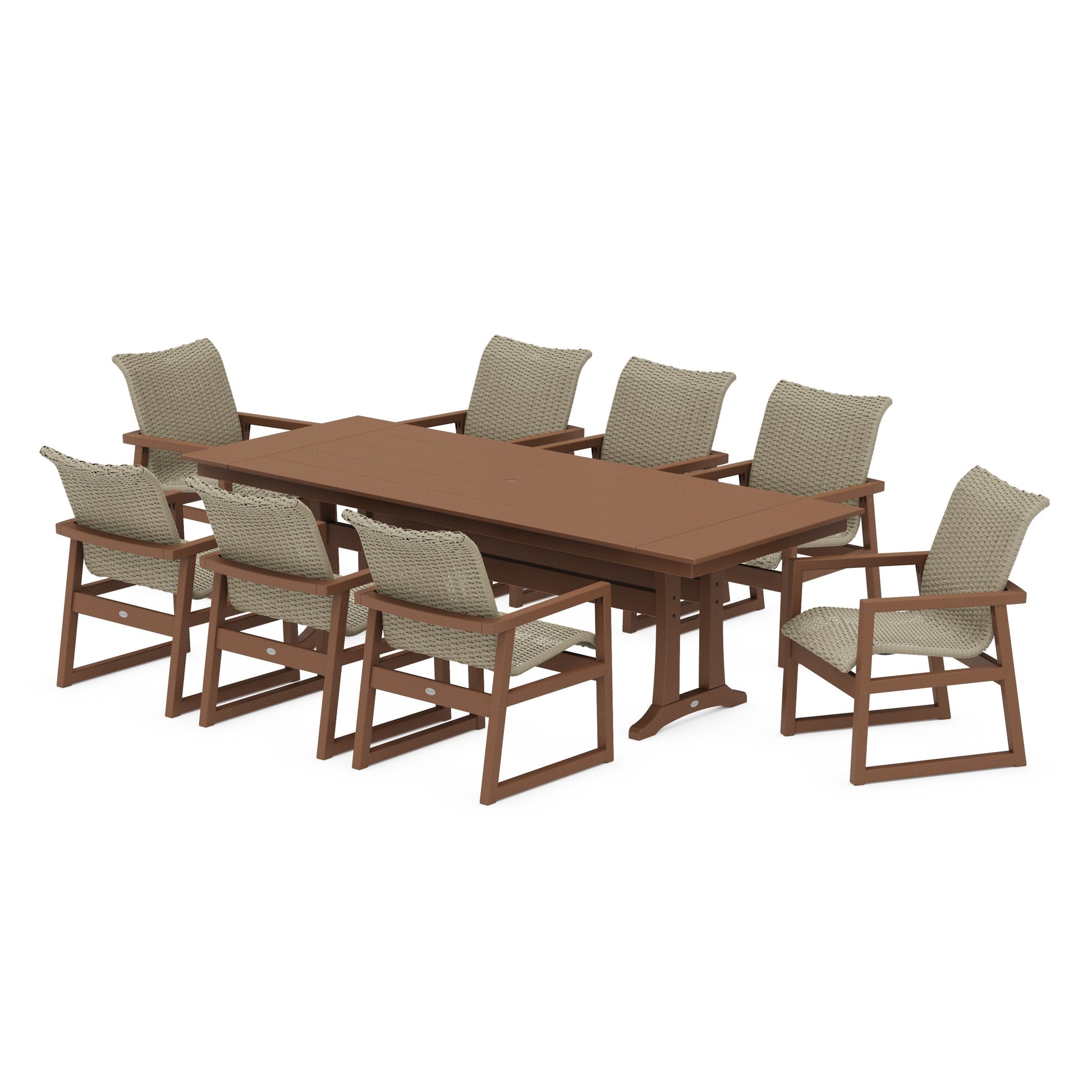 POLYWOOD EDGE Woven 9-Piece Farmhouse Dining Set with Trestle Legs — Teak / Dune Grass