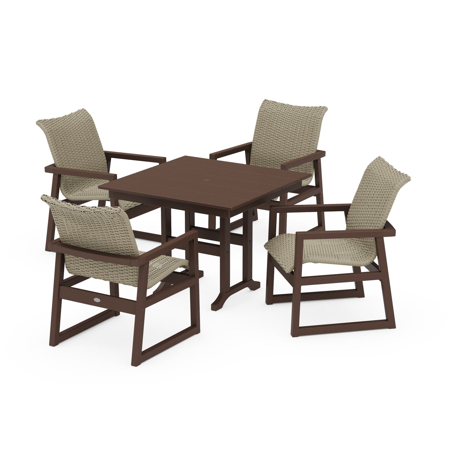 POLYWOOD EDGE Woven 5-Piece Farmhouse Dining Set — Mahogany / Dune Grass