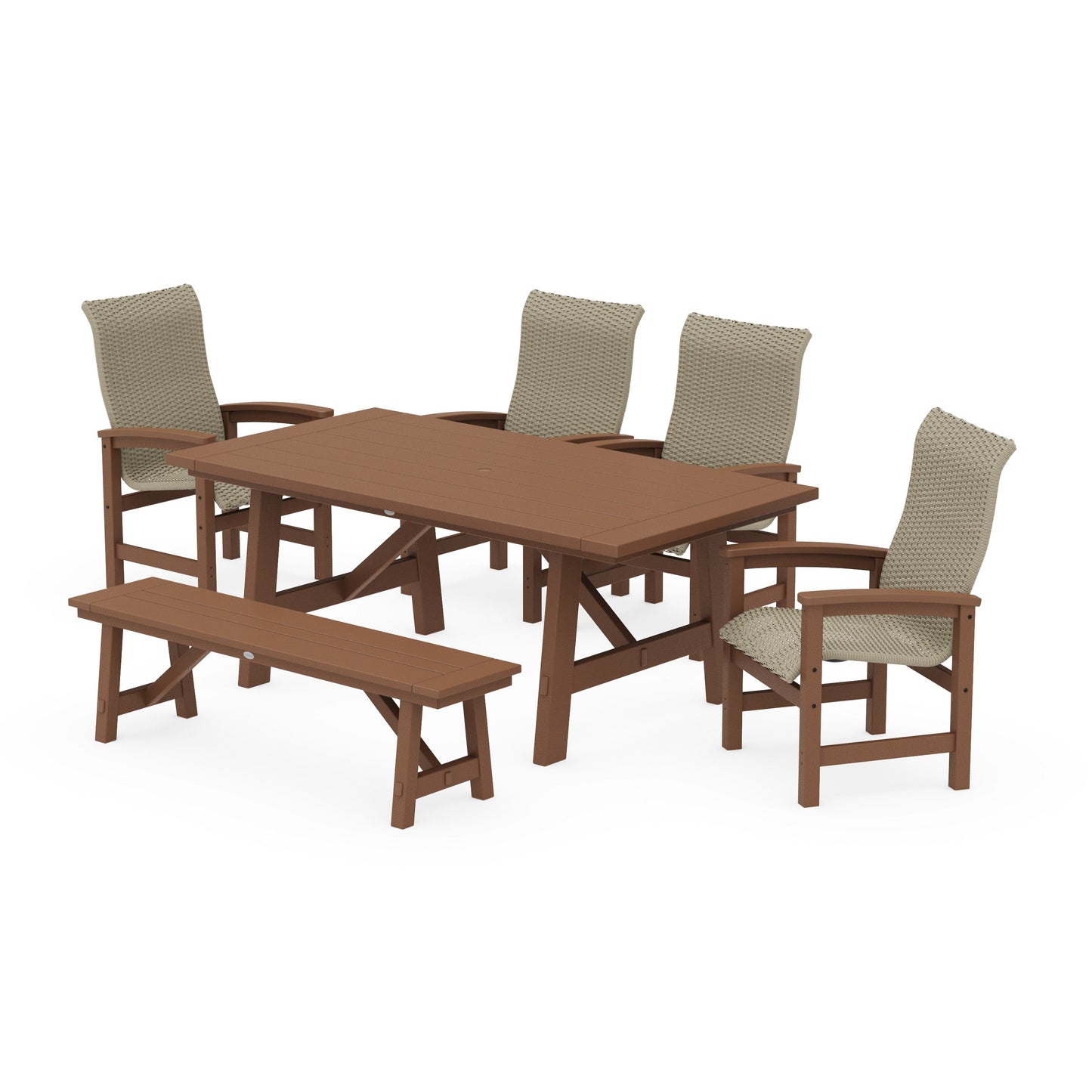 POLYWOOD Coastal Woven High-Back 6-Piece Rustic Farmhouse Dining Set with Bench — Teak / Dune Grass