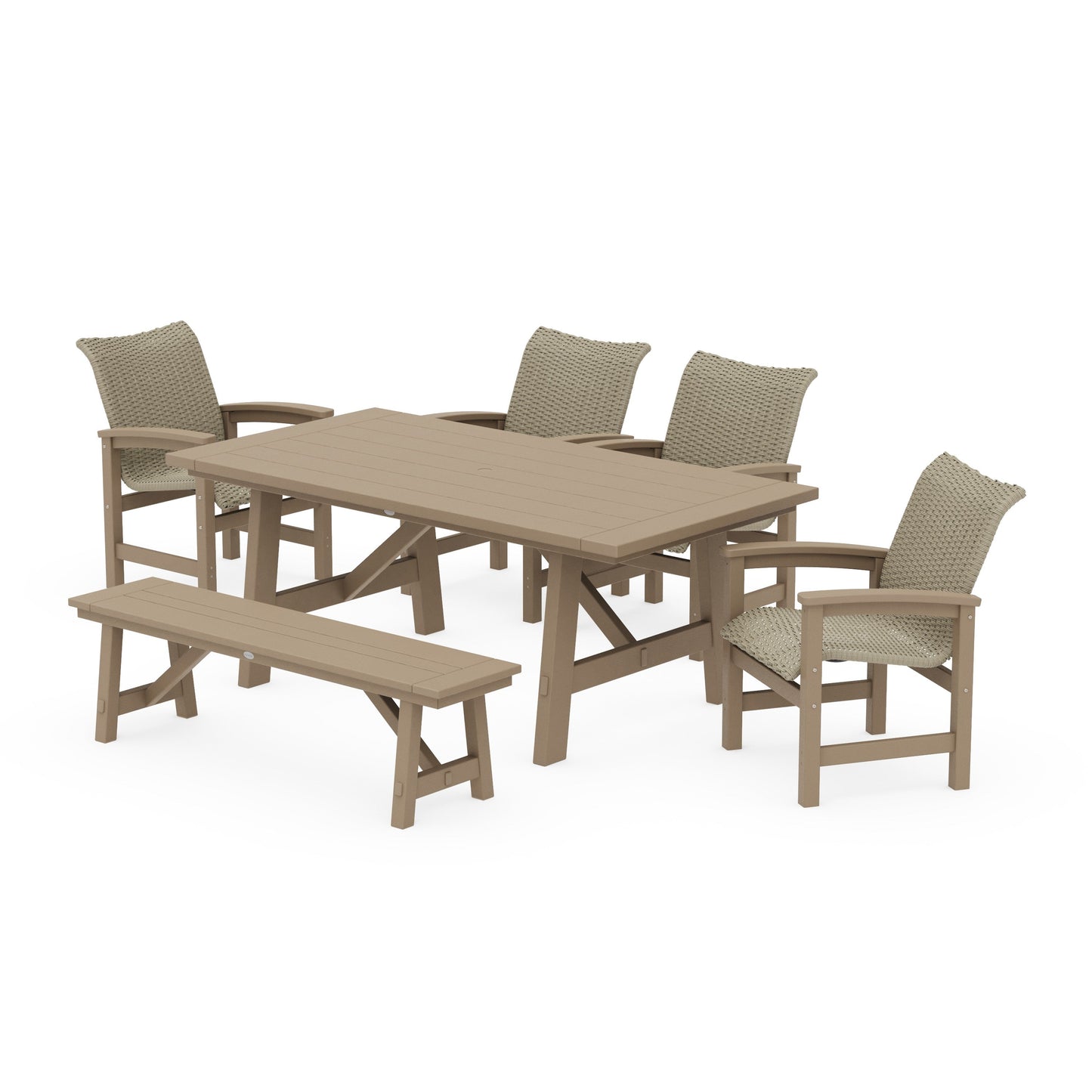 POLYWOOD Coastal Woven 6-Piece Rustic Farmhouse Dining Set with Bench — Vintage Sahara / Dune Grass