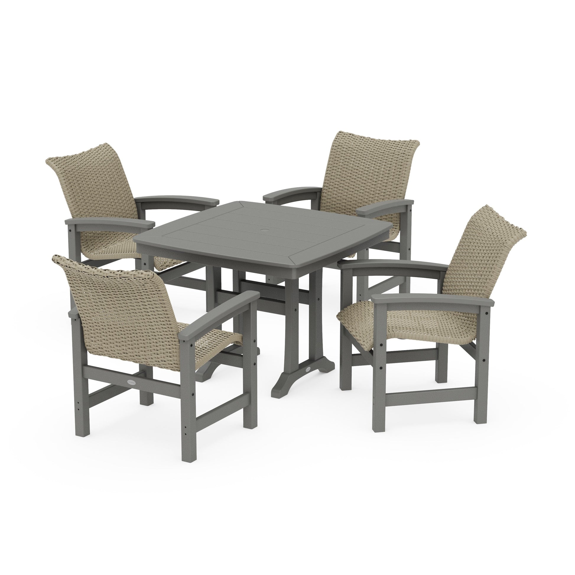 POLYWOOD Coastal Woven 5-Piece Dining Set with Trestle Legs — Slate Grey / Dune Grass