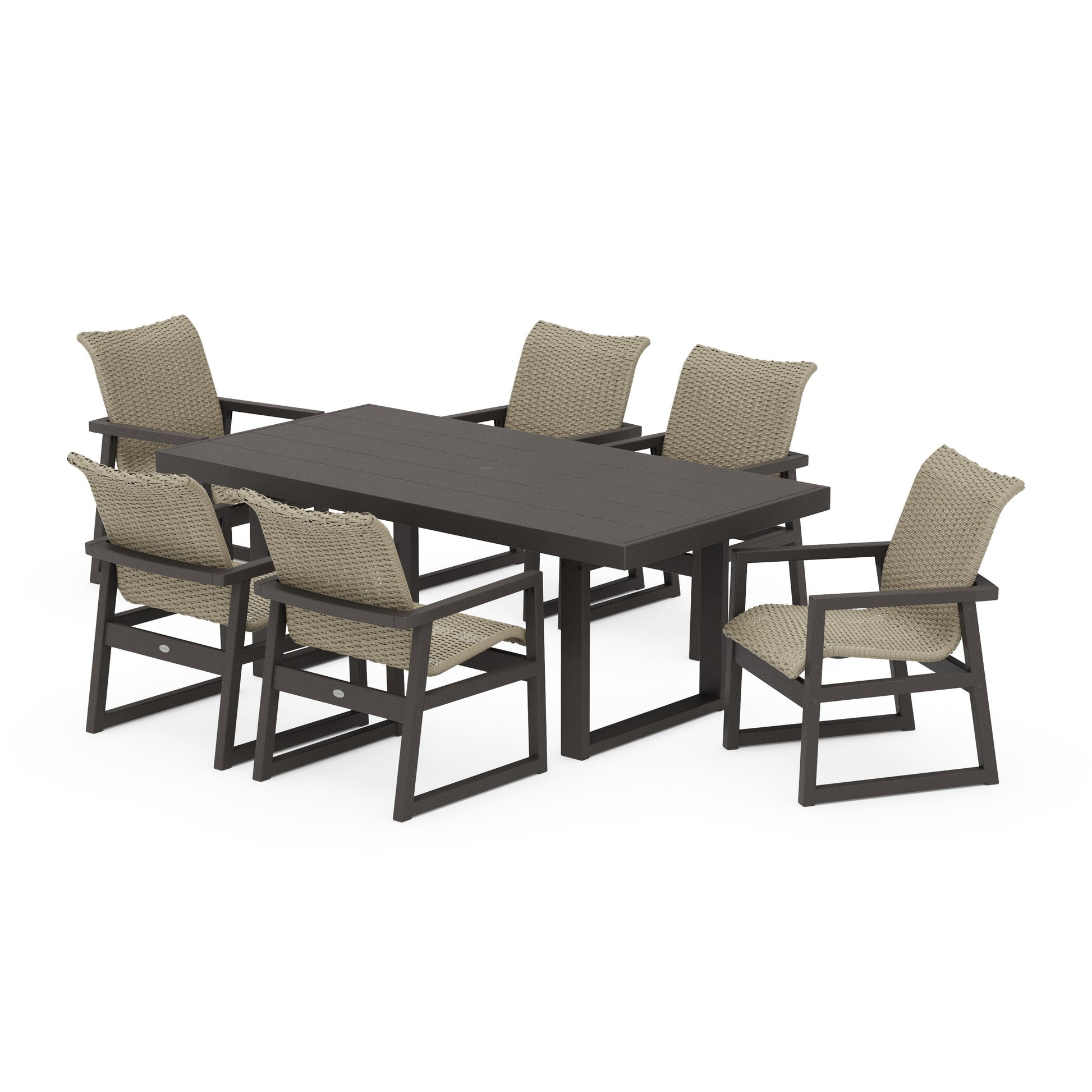 POLYWOOD EDGE Woven Arm Chair 7-Piece Dining Set — Vintage Coffee / Dune Grass