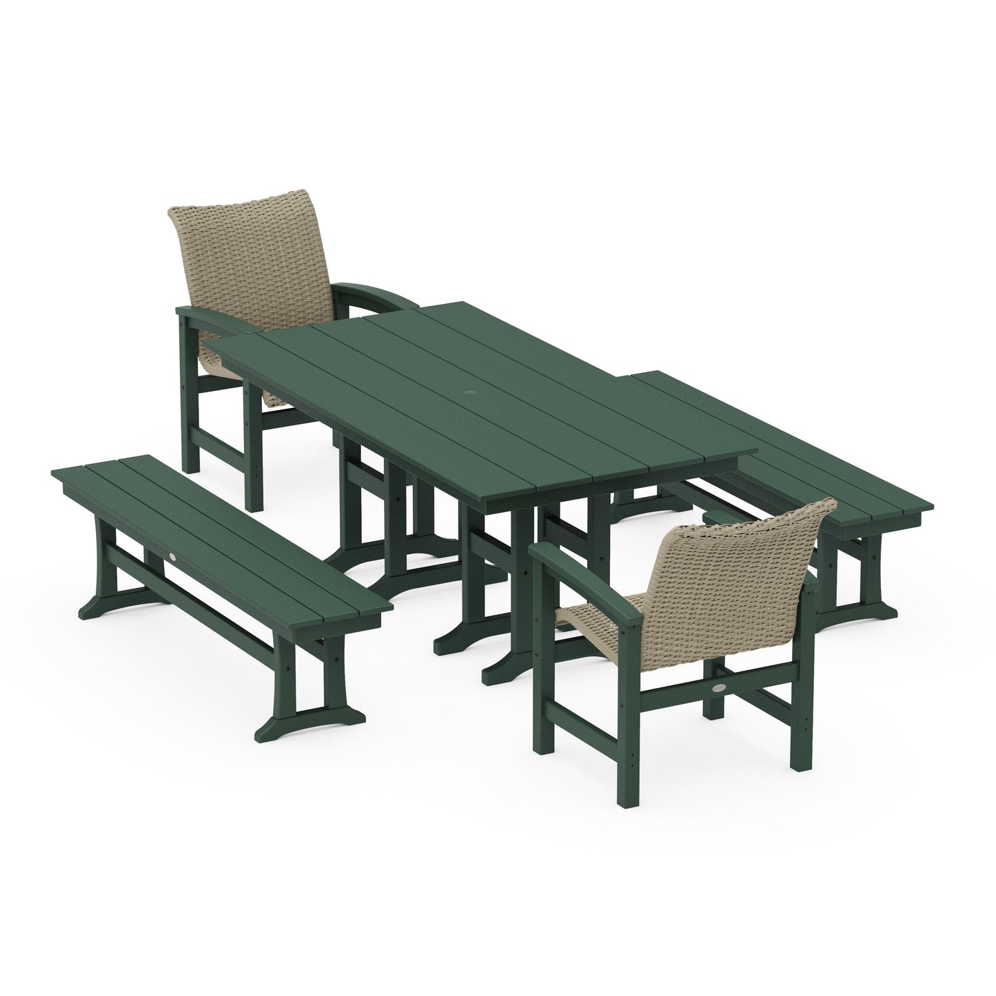 POLYWOOD Coastal Woven 5-Piece Farmhouse Dining Set with Benches — Green / Dune Grass