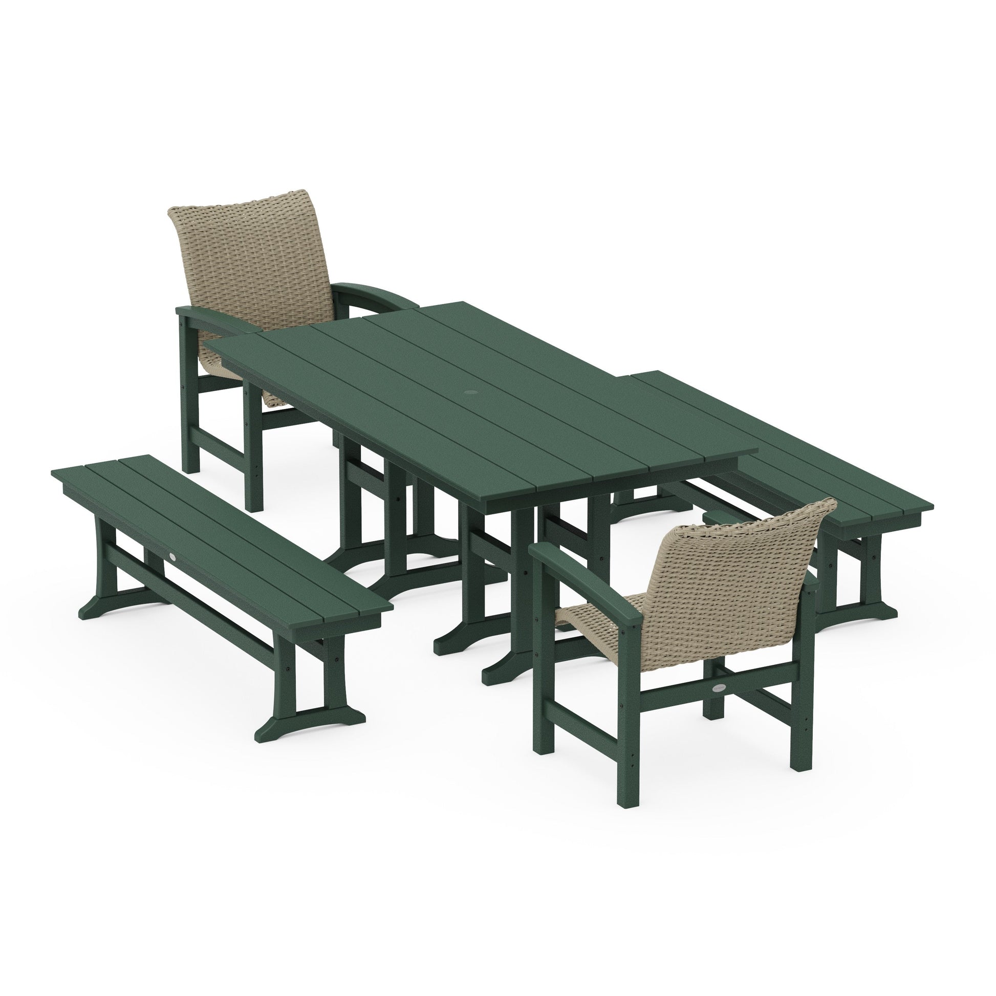 POLYWOOD Coastal Woven 5-Piece Farmhouse Dining Set with Benches — Green / Dune Grass