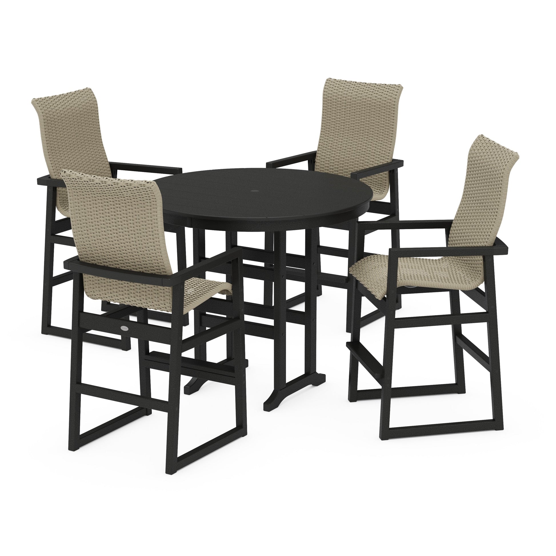 POLYWOOD EDGE Woven Highback 5-Piece Round Farmhouse Bar Set — Black / Dune Grass