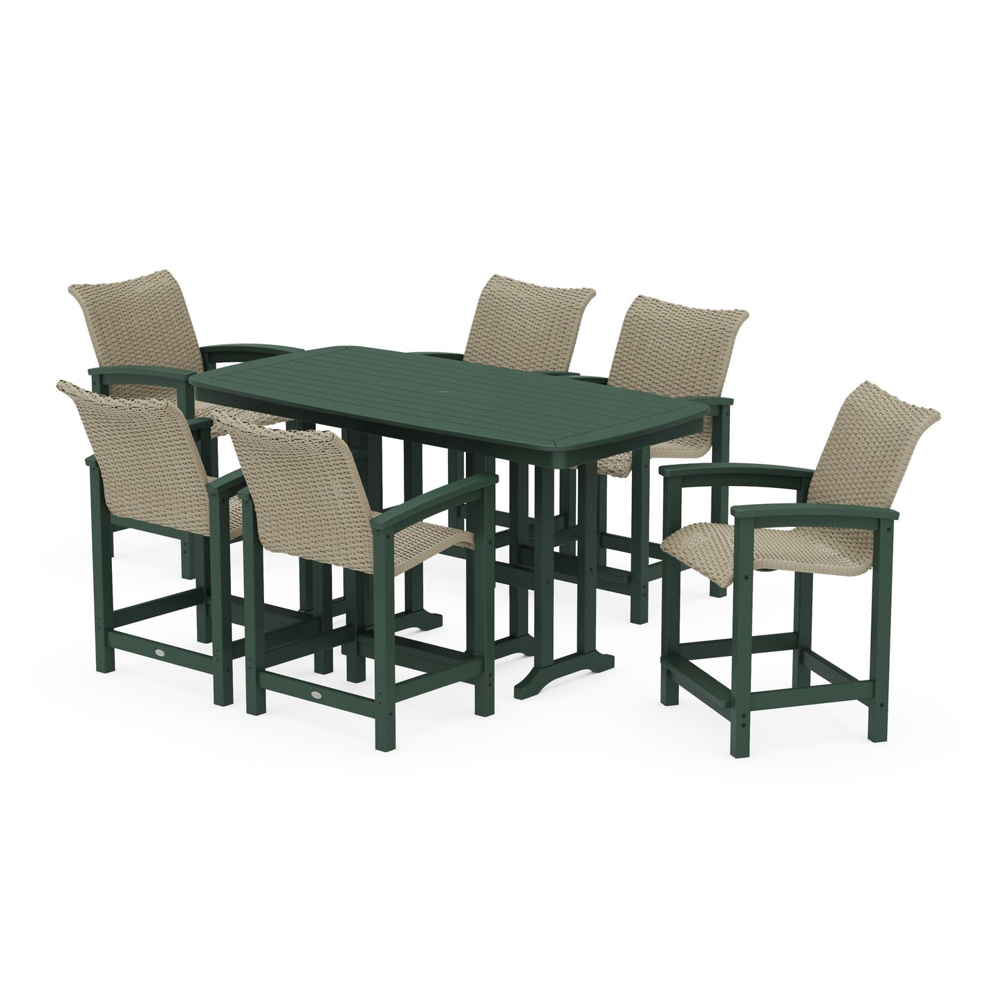 POLYWOOD Coastal Woven Arm Chair 7-Piece Counter Set — Green / Dune Grass