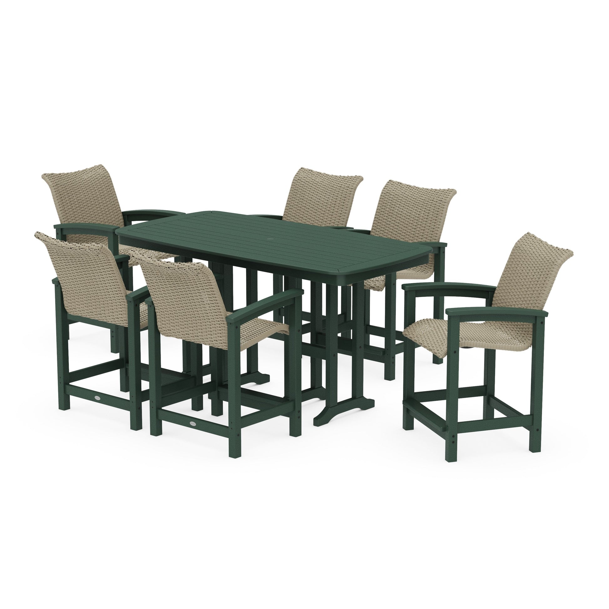 POLYWOOD Coastal Woven Arm Chair 7-Piece Counter Set — Green / Dune Grass