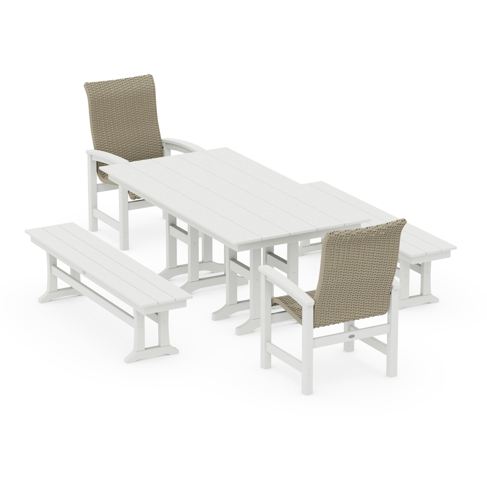 POLYWOOD Coastal Woven High-Back 5-Piece Farmhouse Dining Set with Benches — White / Dune Grass