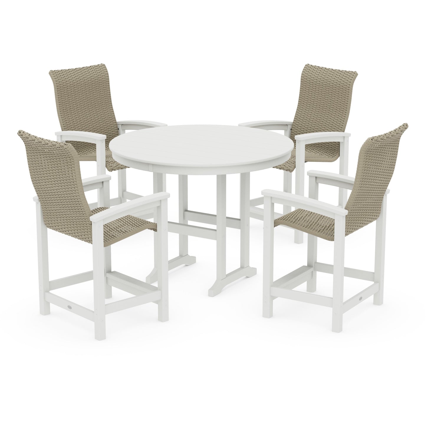 POLYWOOD Coastal Woven High-Back 5-Piece Round Farmhouse Counter Set — White / Dune Grass