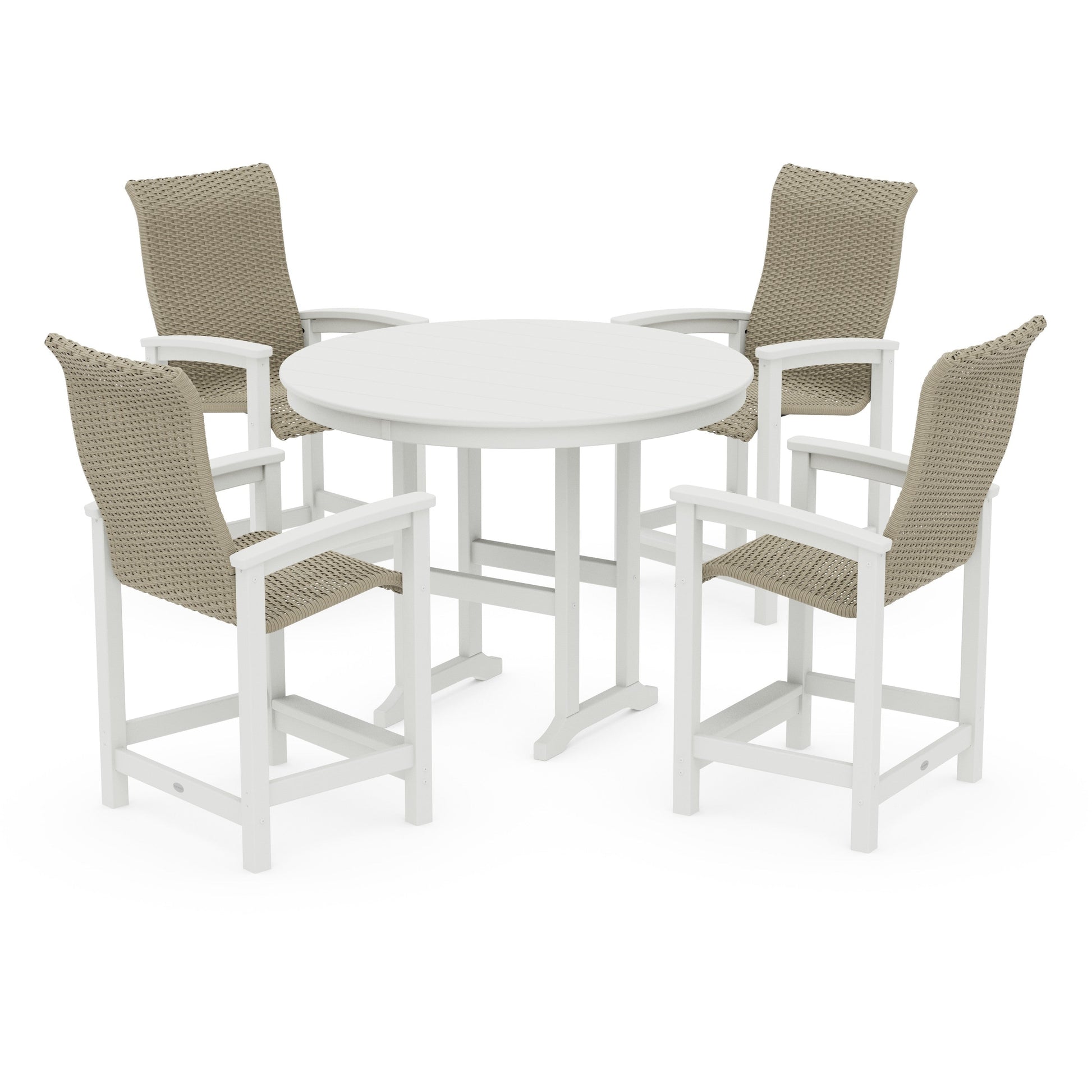 POLYWOOD Coastal Woven High-Back 5-Piece Round Farmhouse Counter Set — White / Dune Grass