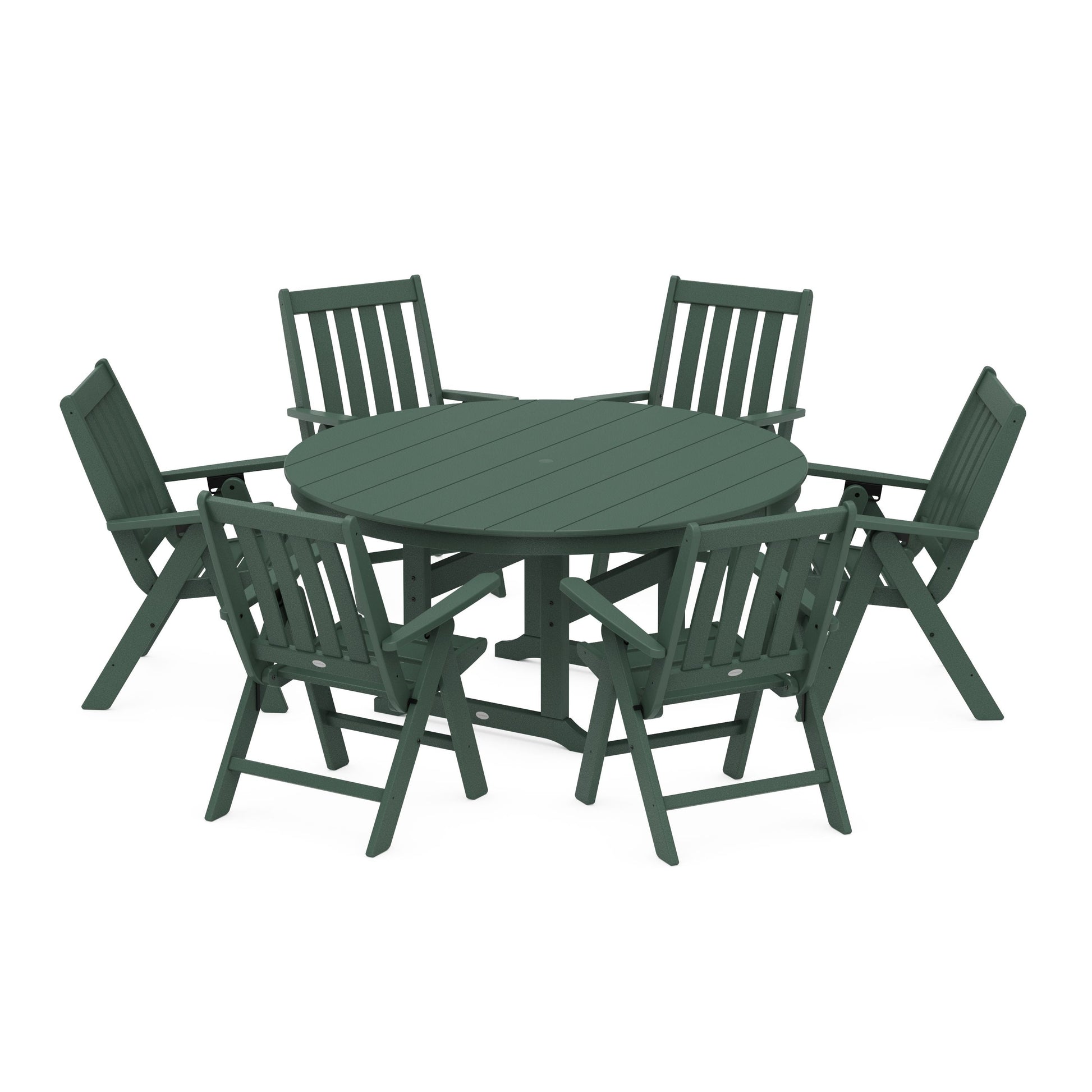 POLYWOOD Vineyard 7-Piece Folding Chair Round Farmhouse Dining Set — Green