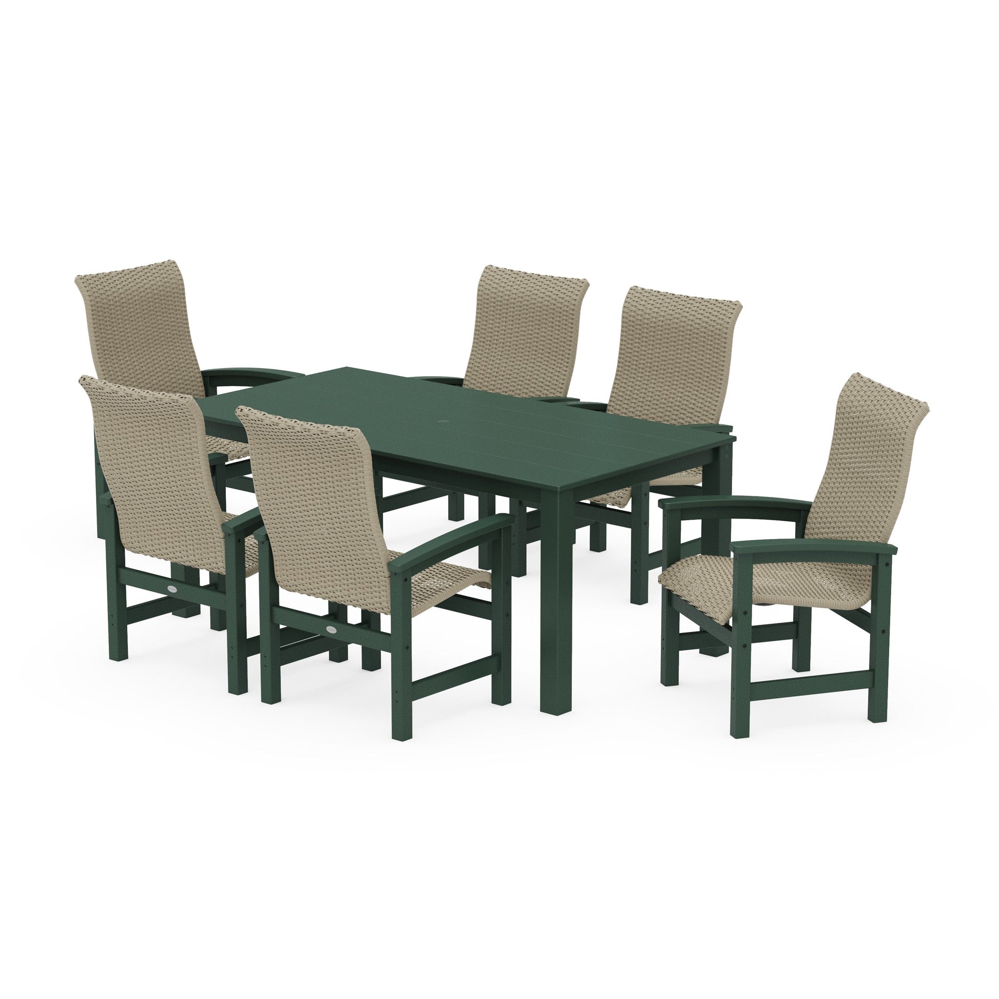 POLYWOOD Coastal Woven High-Back Arm Chair 7-Piece Parsons Dining Set — Green / Dune Grass