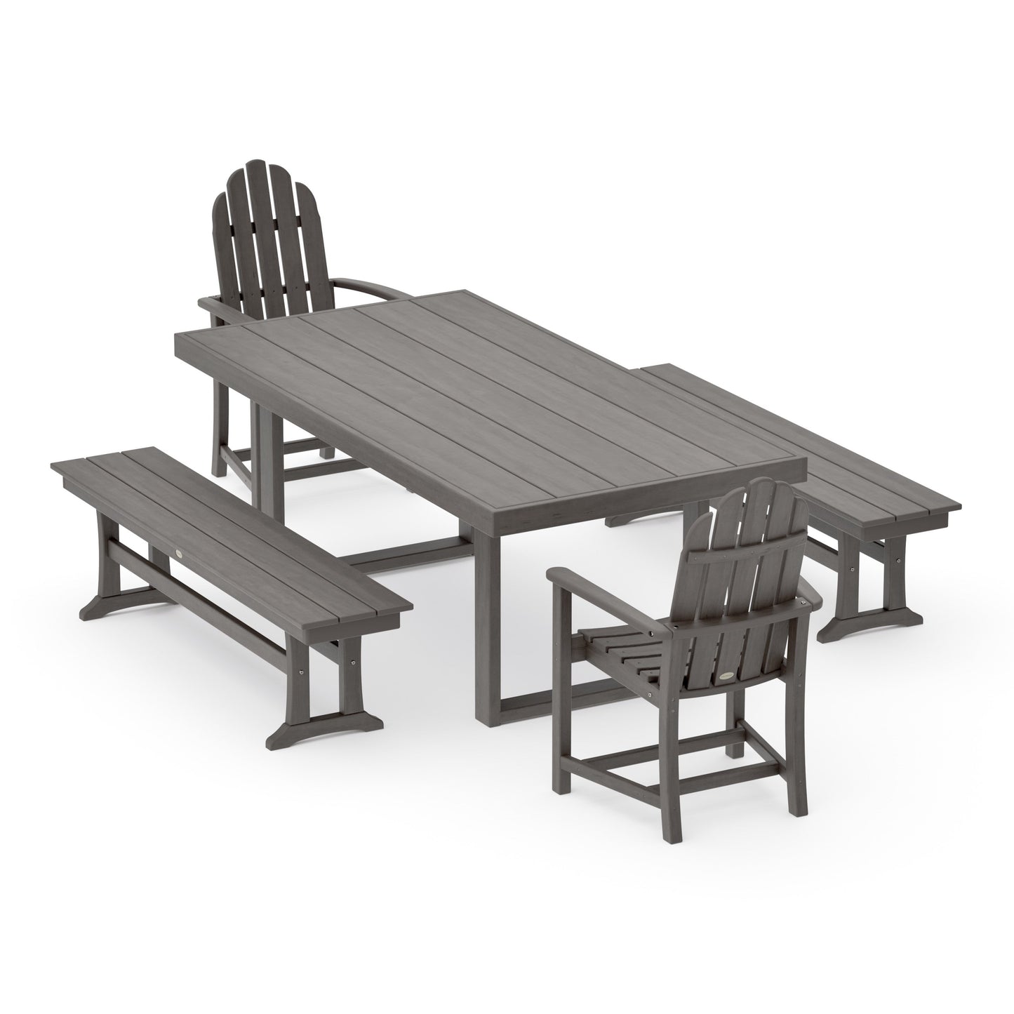 POLYWOOD Classic Adirondack 5-Piece Dining Set with Benches — Driftwood