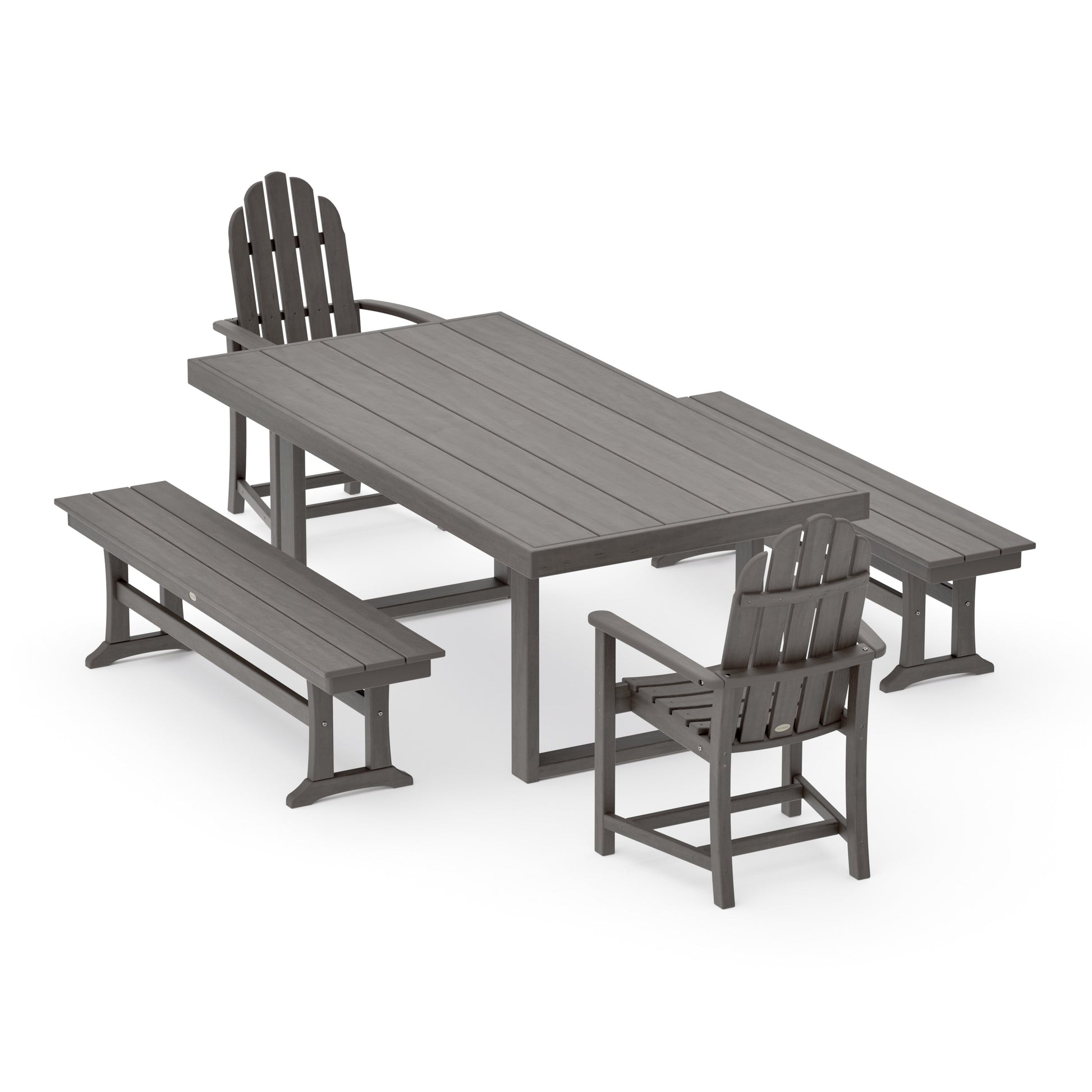 POLYWOOD Classic Adirondack 5-Piece Dining Set with Benches — Driftwood