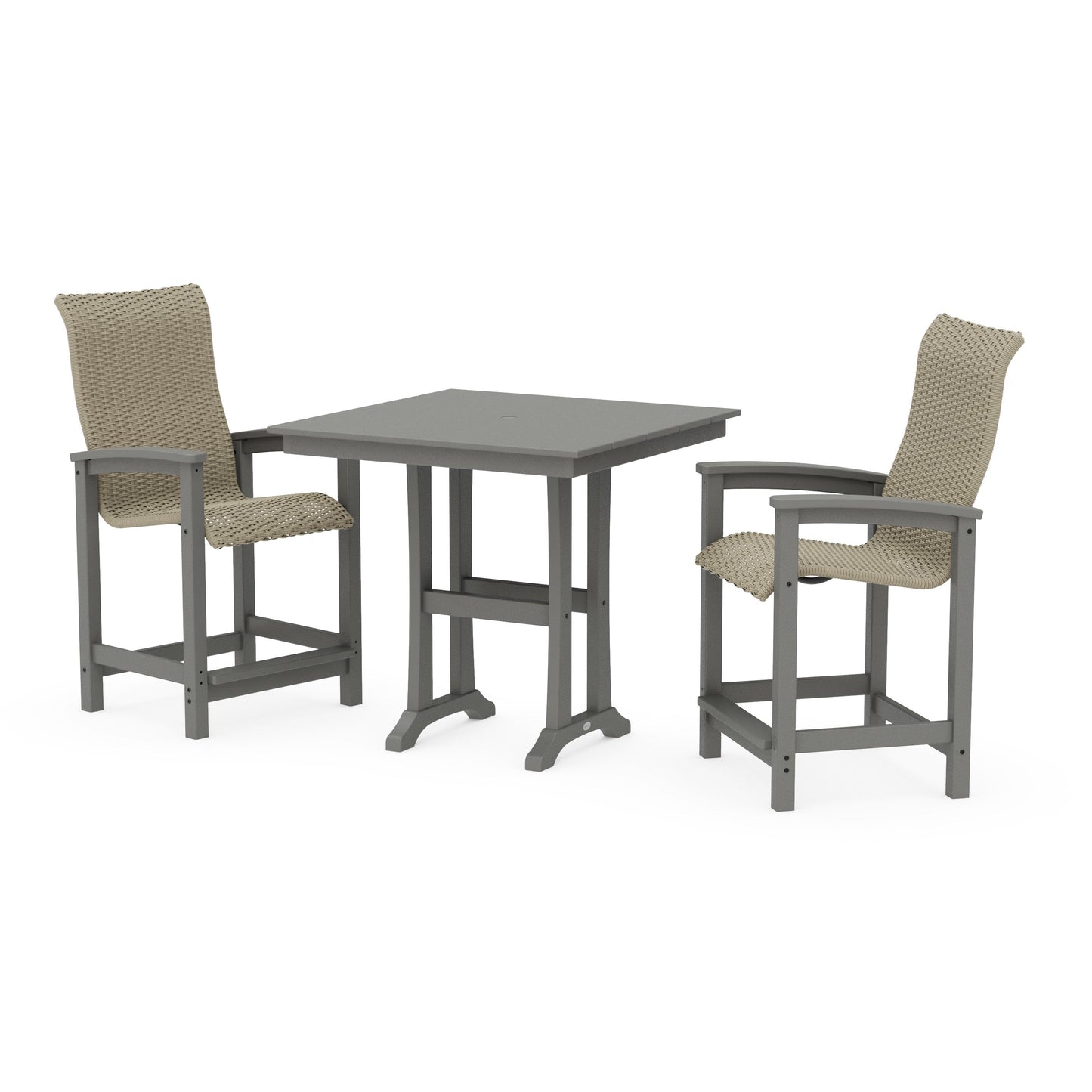 POLYWOOD Coastal Woven High-Back 3-Piece Farmhouse Counter Set with Trestle Legs — Slate Grey / Dune Grass