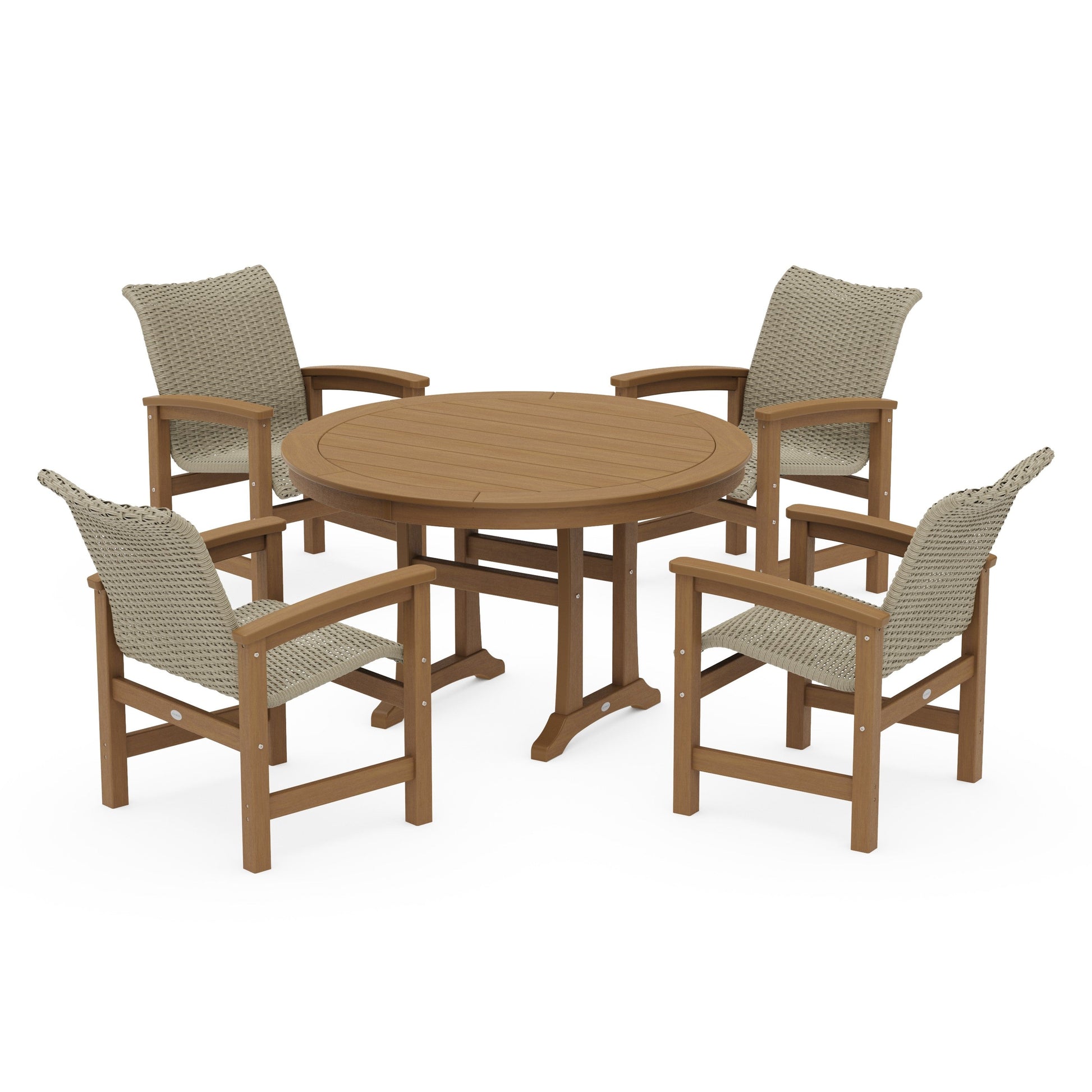 POLYWOOD Coastal Woven 5-Piece Round Dining Set with Trestle Legs — Natural / Dune Grass