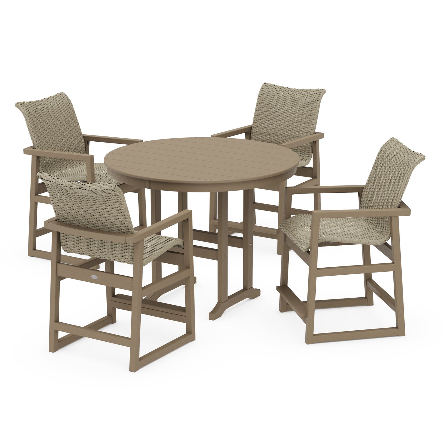 POLYWOOD EDGE Woven 5-Piece Round Farmhouse Counter Set — Vintage Sahara / Dune Grass