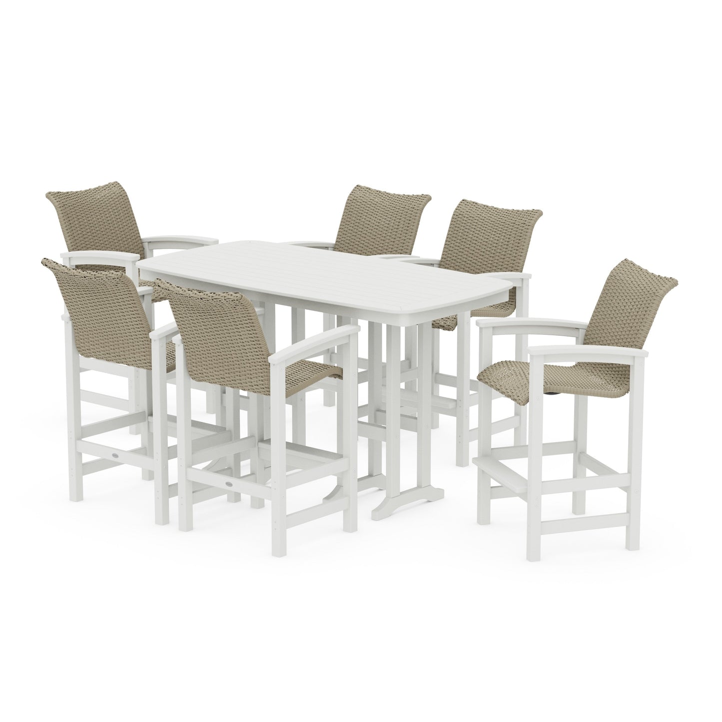POLYWOOD Coastal Woven Arm Chair 7-Piece Bar Set — White / Dune Grass