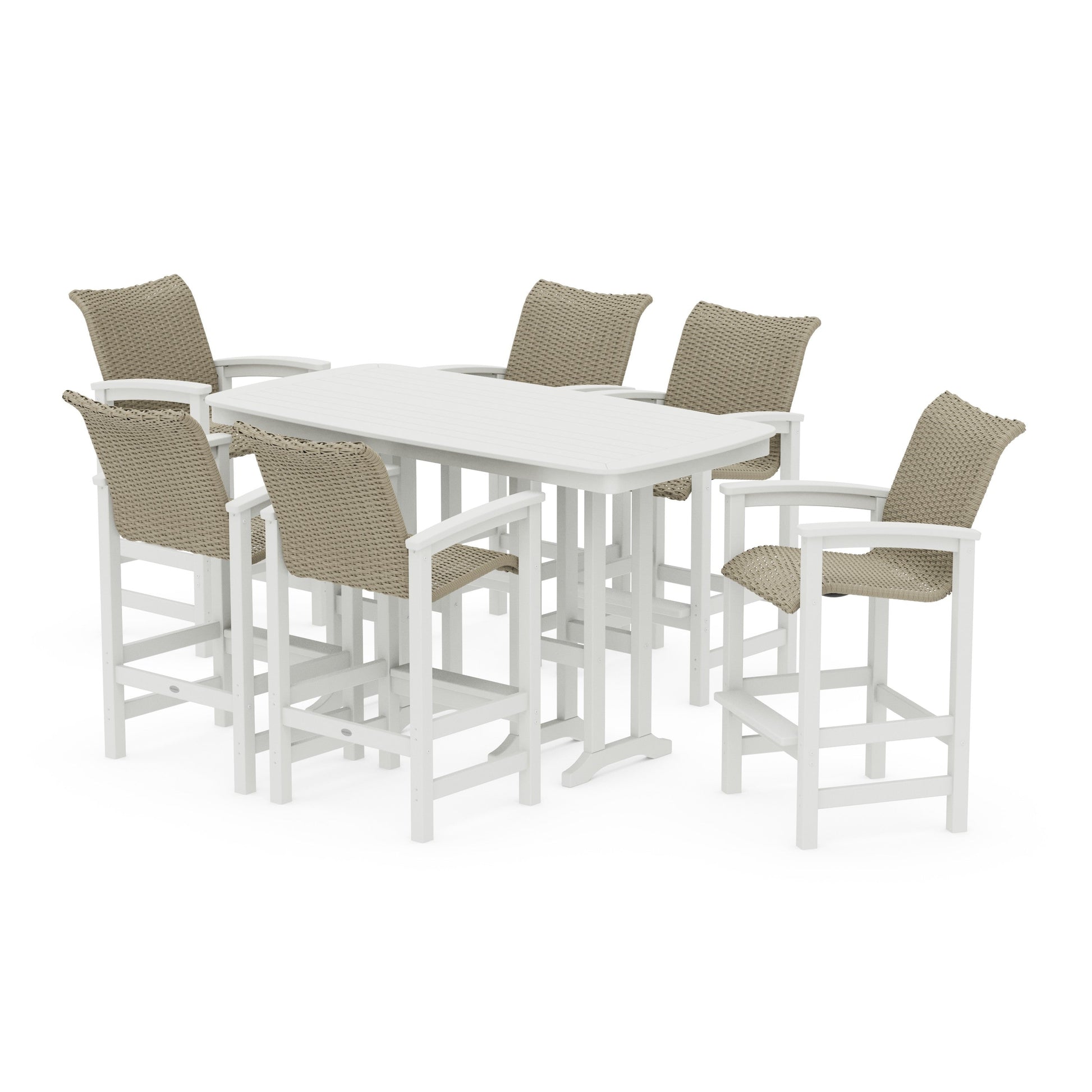 POLYWOOD Coastal Woven Arm Chair 7-Piece Bar Set — White / Dune Grass