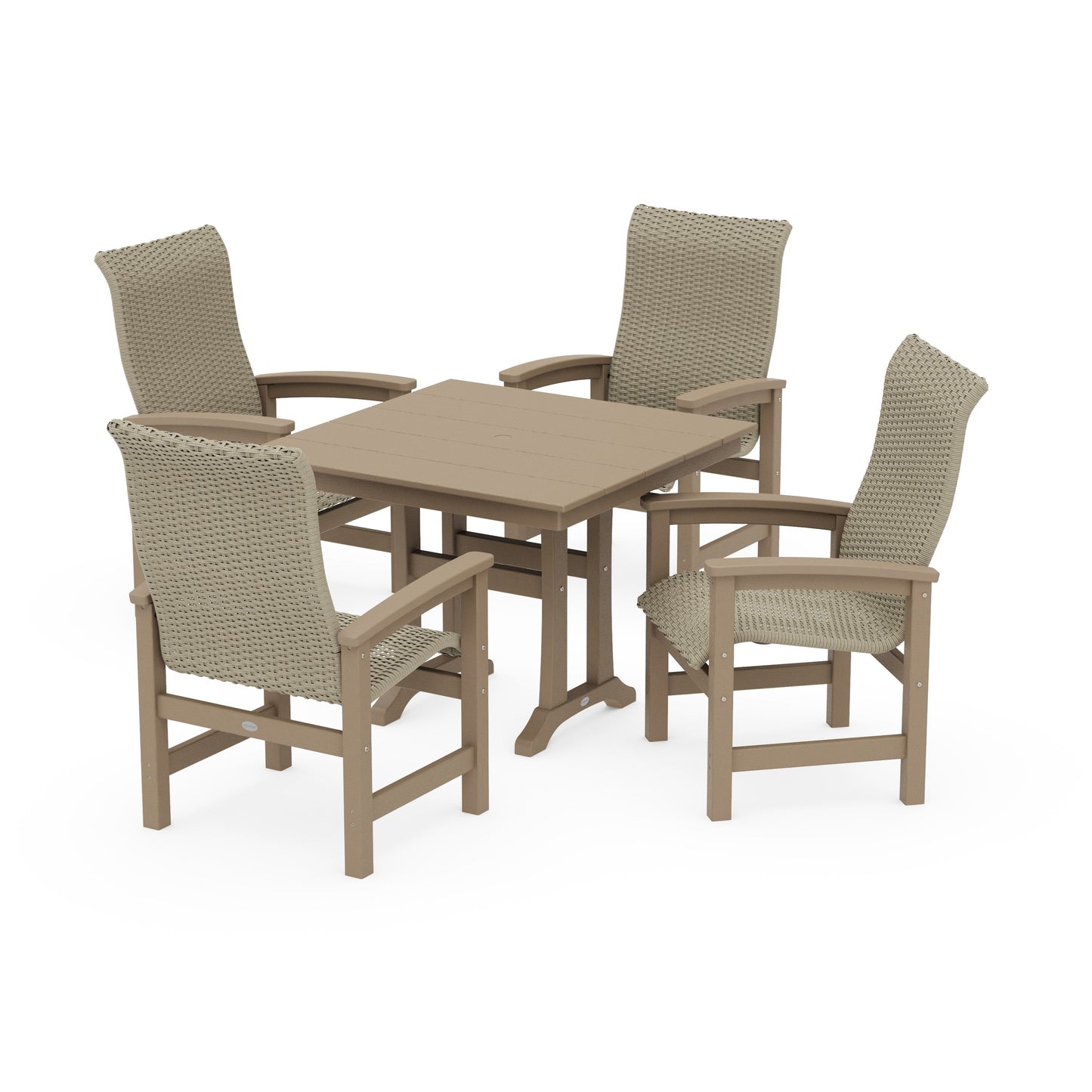 POLYWOOD Coastal Woven High-Back 5-Piece Farmhouse Dining Set with Trestle Legs — Vintage Sahara / Dune Grass