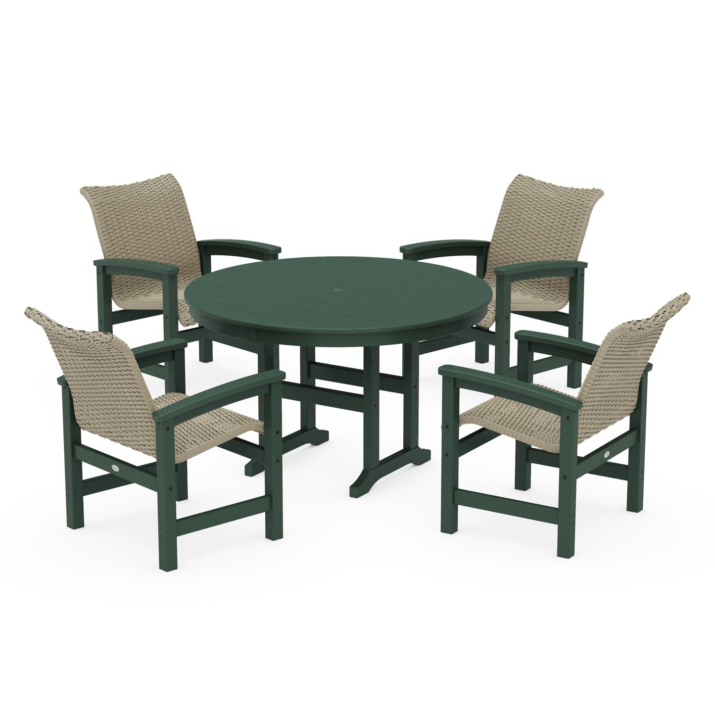 POLYWOOD Coastal Woven 5-Piece Round Farmhouse Dining Set — Green / Dune Grass