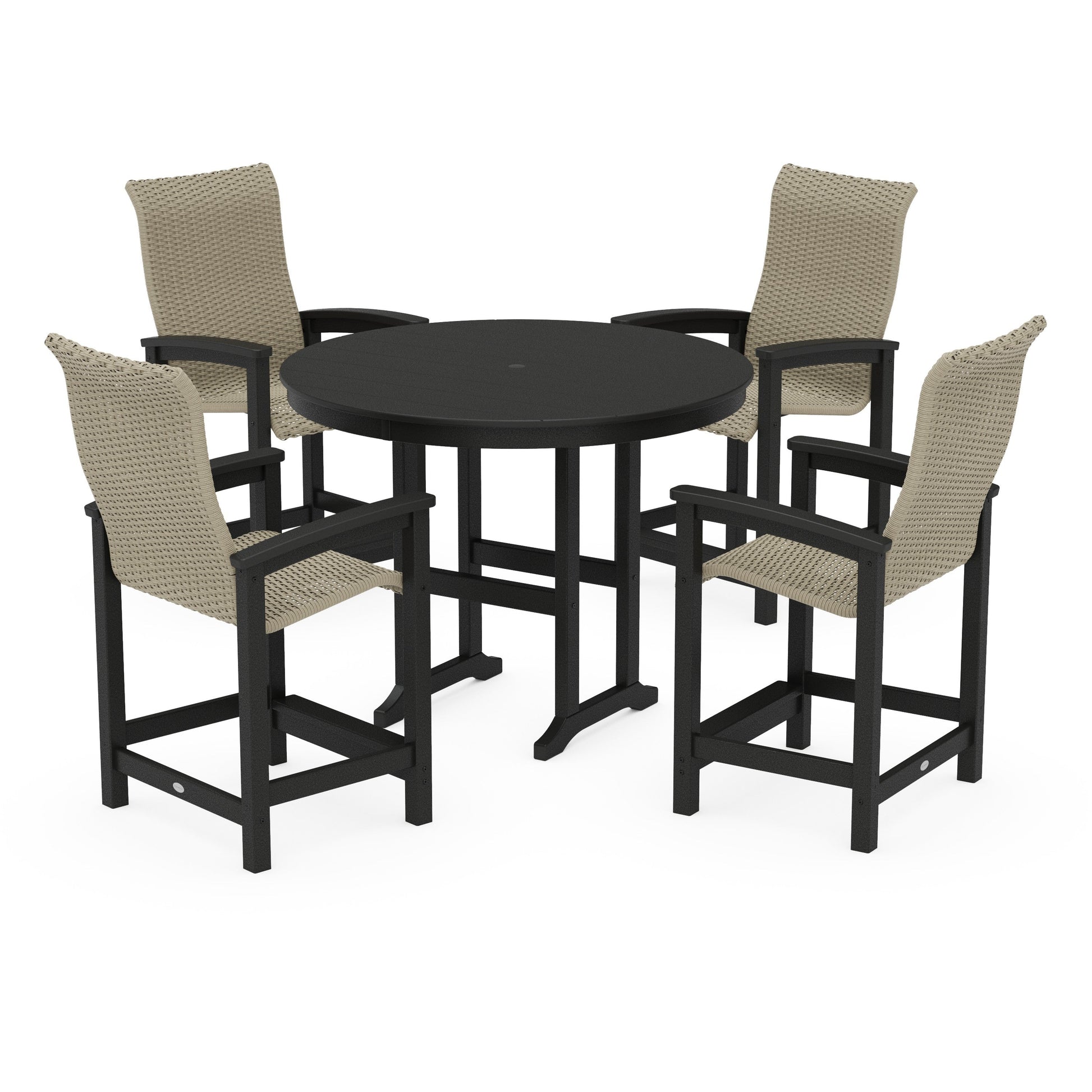 POLYWOOD Coastal Woven High-Back 5-Piece Round Farmhouse Counter Set — Black / Dune Grass