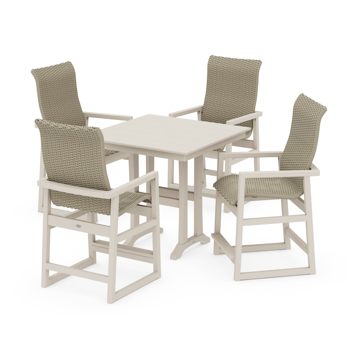 POLYWOOD EDGE Woven Highback 5-Piece Farmhouse Counter Set with Trestle Legs — Sand / Dune Grass