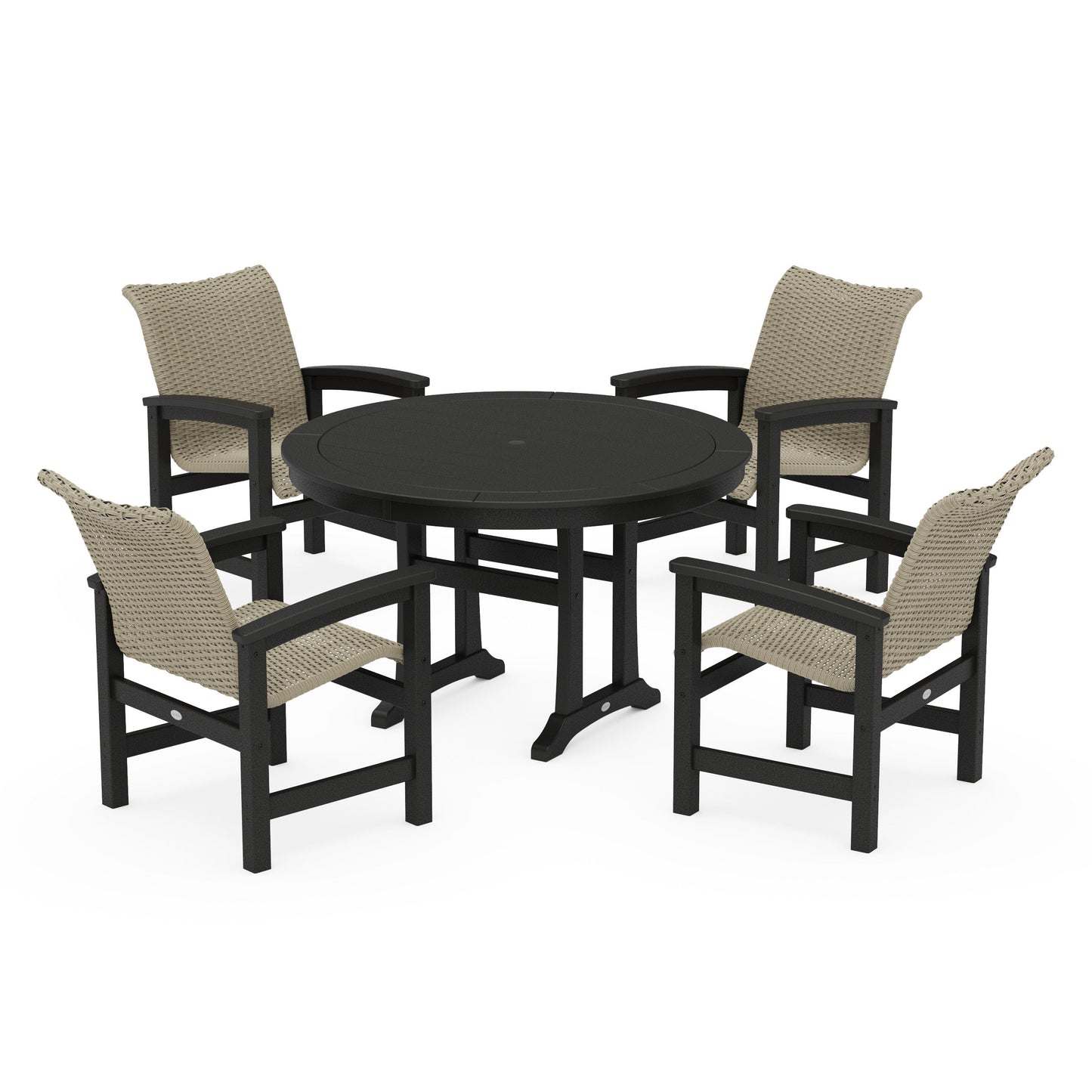 POLYWOOD Coastal Woven 5-Piece Round Dining Set with Trestle Legs — Black / Dune Grass
