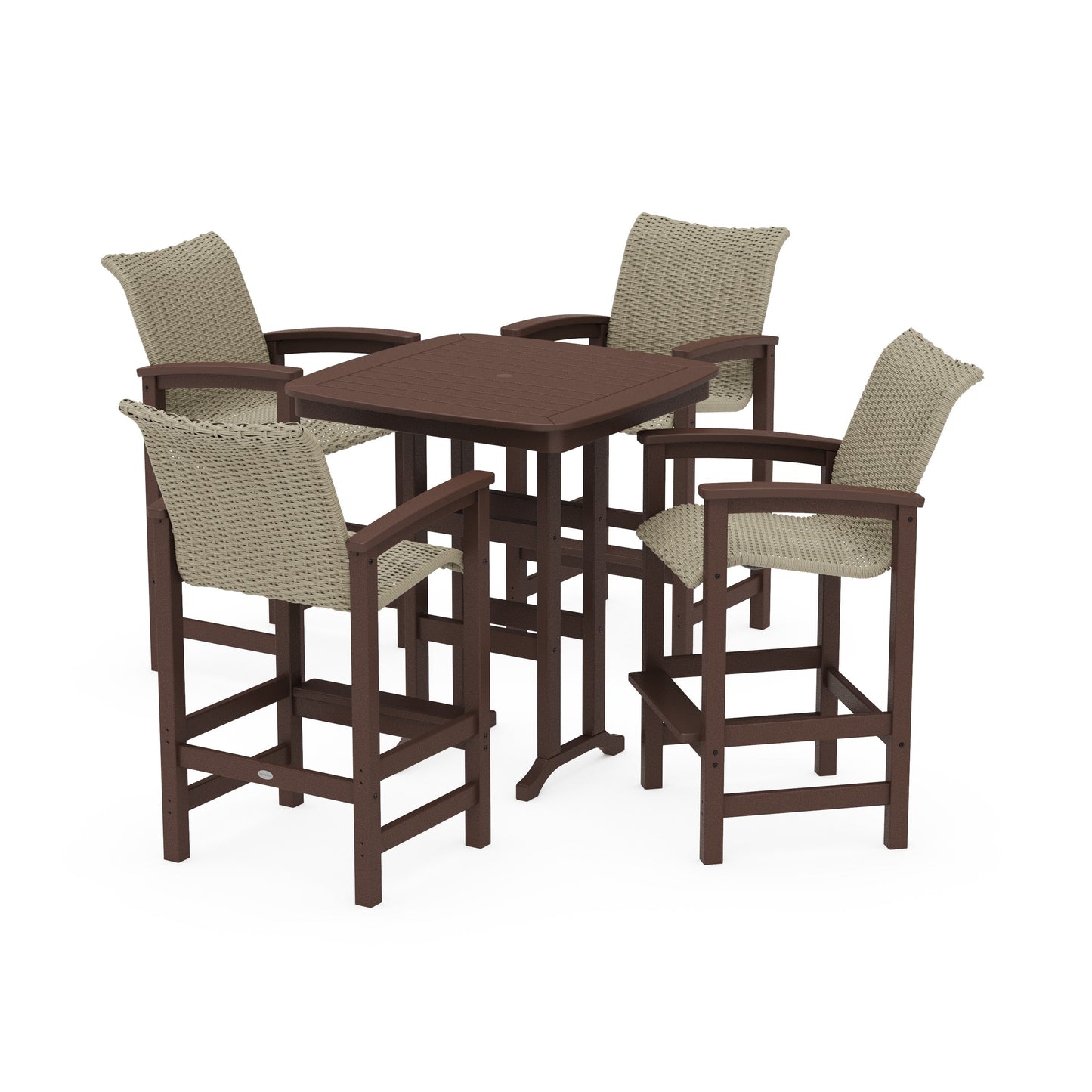 POLYWOOD Coastal Woven 5-Piece Bar Set — Mahogany / Dune Grass