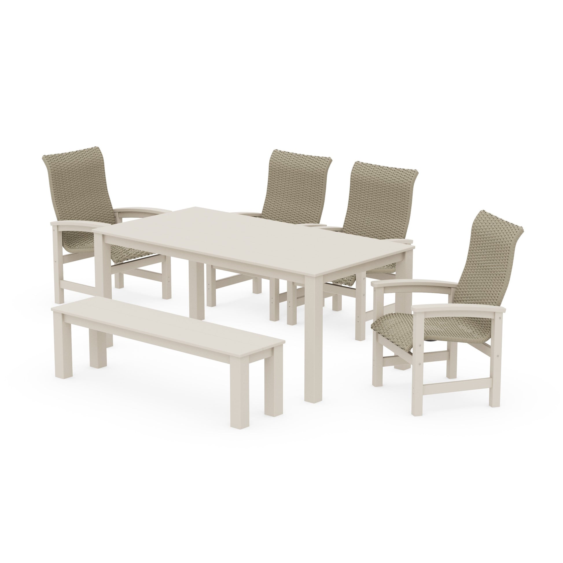 POLYWOOD Coastal Woven High-Back 6-Piece Parsons Dining Set with Bench — Sand / Dune Grass