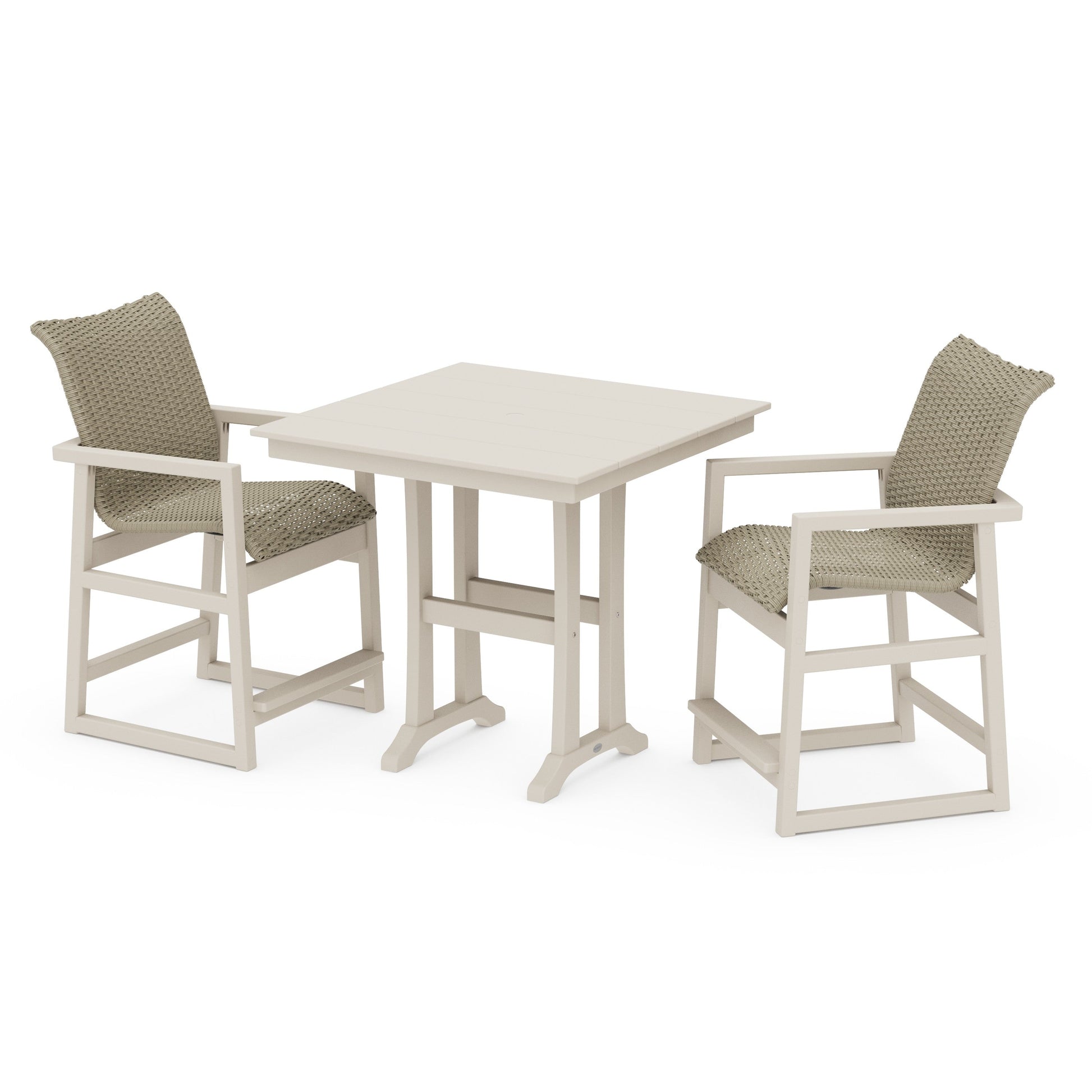 POLYWOOD EDGE Woven 3-Piece Farmhouse Counter Set with Trestle Legs — Sand / Dune Grass