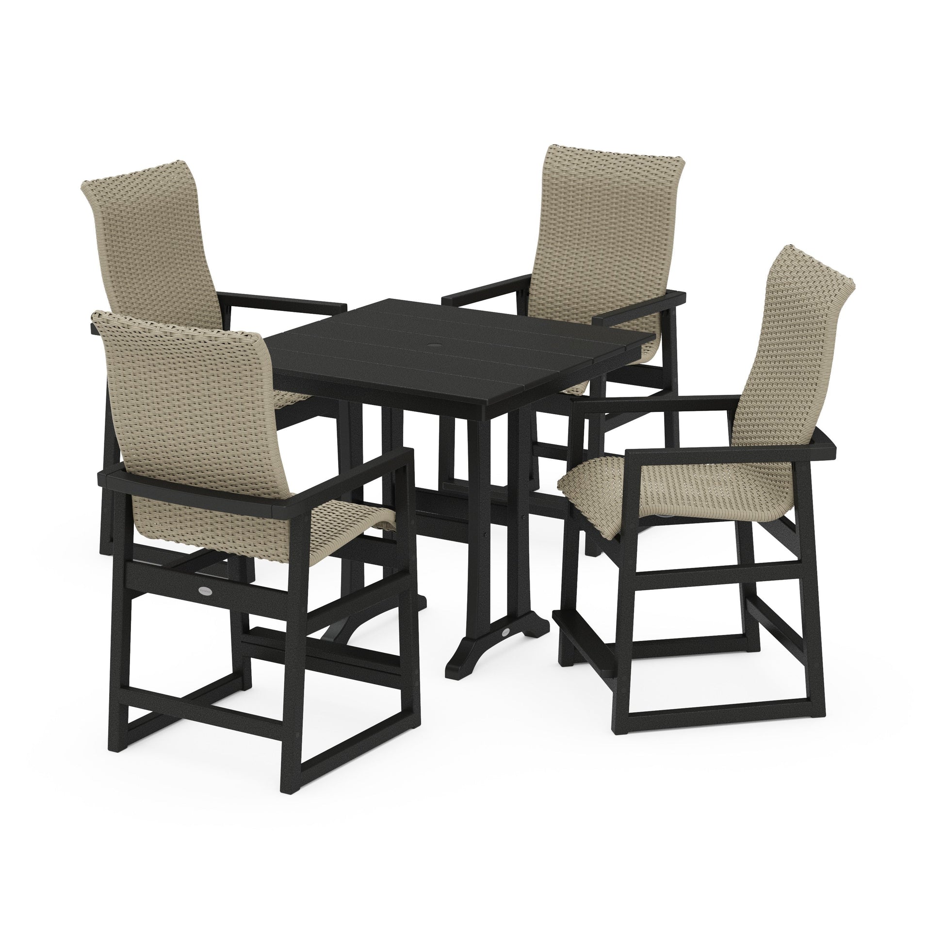 POLYWOOD EDGE Woven Highback 5-Piece Farmhouse Counter Set with Trestle Legs — Black / Dune Grass