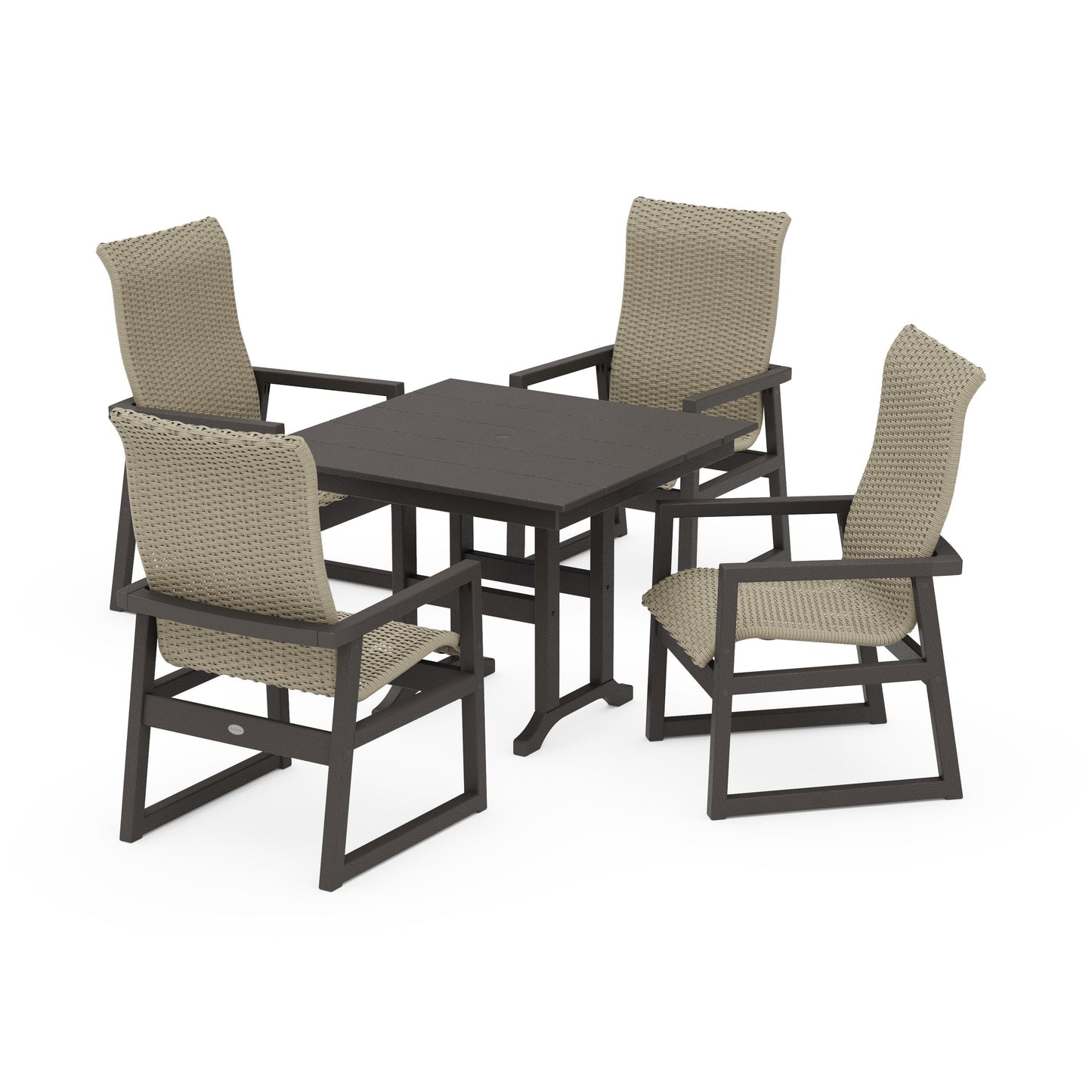 POLYWOOD EDGE Woven Highback 5-Piece Farmhouse Dining Set — Vintage Coffee / Dune Grass
