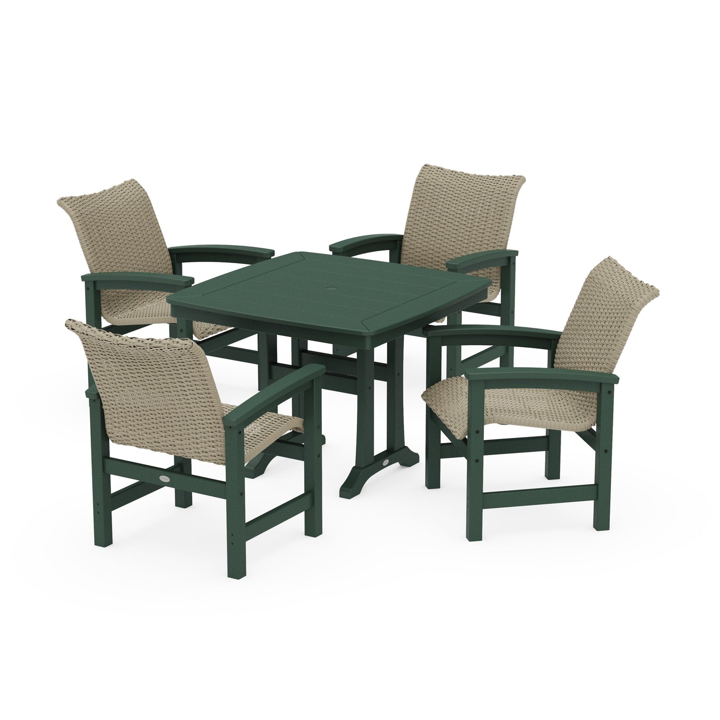 POLYWOOD Coastal Woven 5-Piece Dining Set with Trestle Legs — Green / Dune Grass