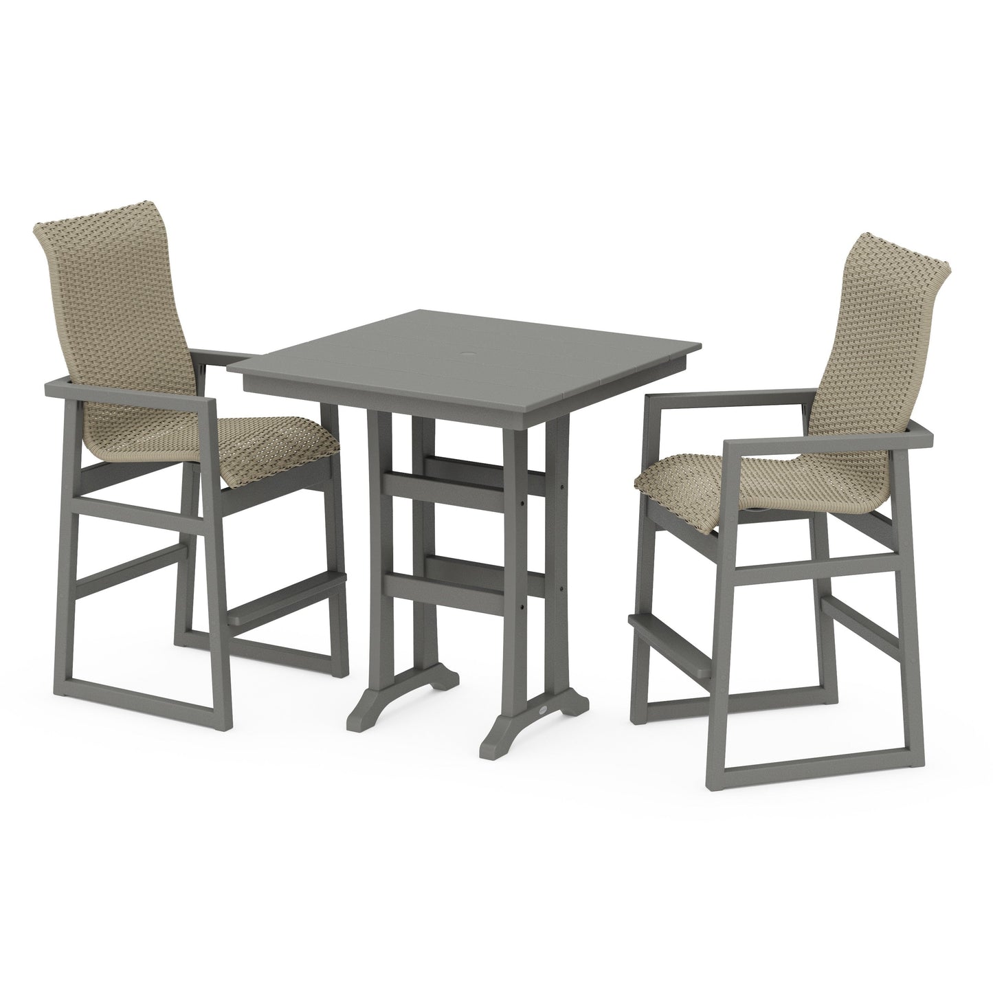 POLYWOOD EDGE Woven Highback 3-Piece Farmhouse Bar Set with Trestle Legs — Slate Grey / Dune Grass
