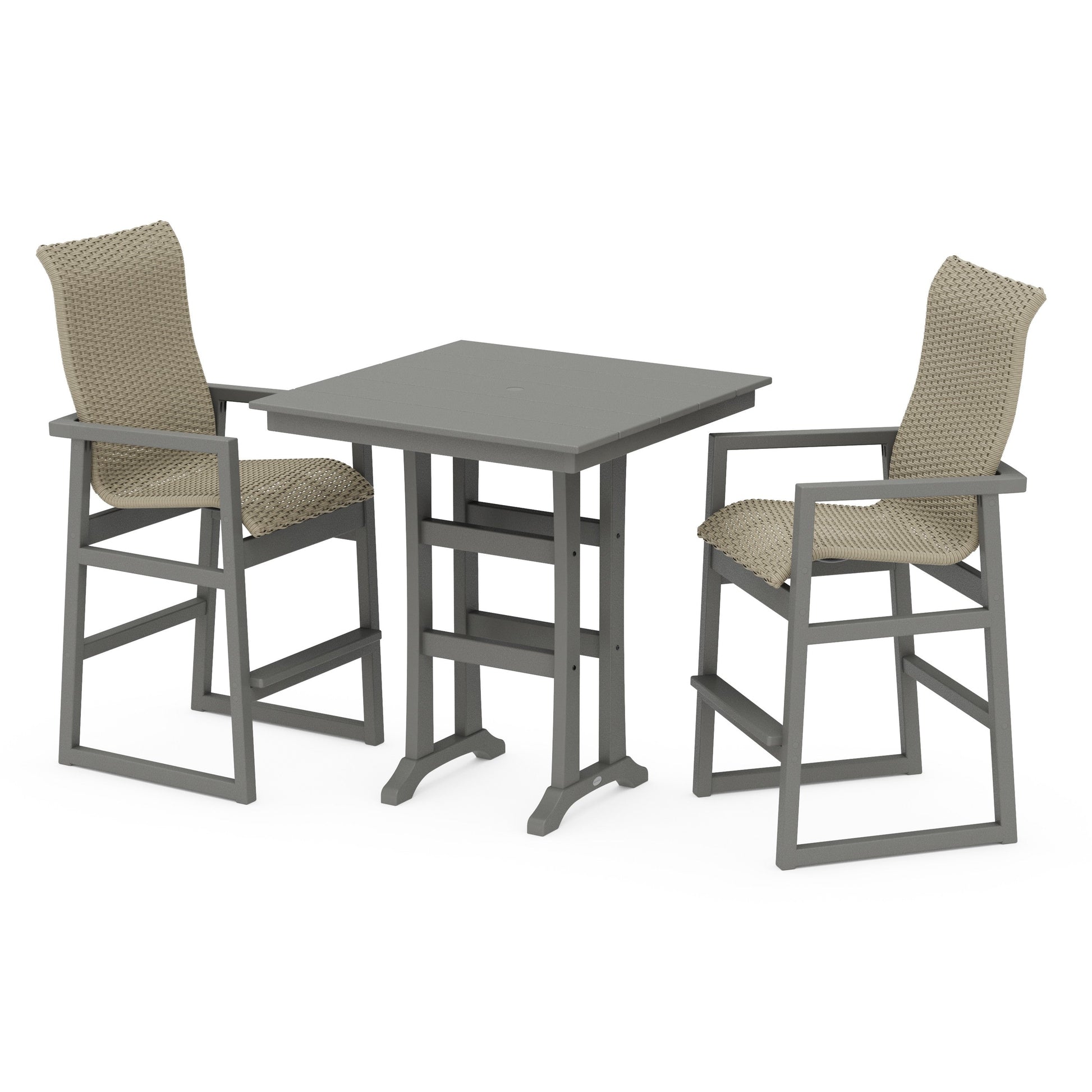 POLYWOOD EDGE Woven Highback 3-Piece Farmhouse Bar Set with Trestle Legs — Slate Grey / Dune Grass