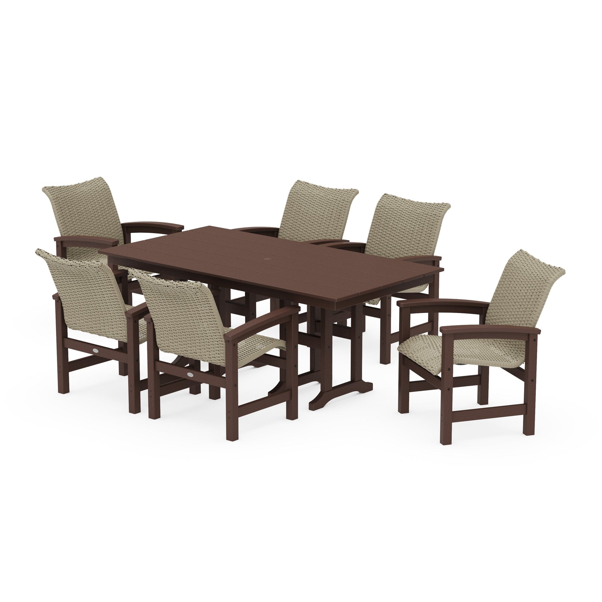 POLYWOOD Coastal Woven Arm Chair 7-Piece Farmhouse Dining Set — Mahogany / Dune Grass