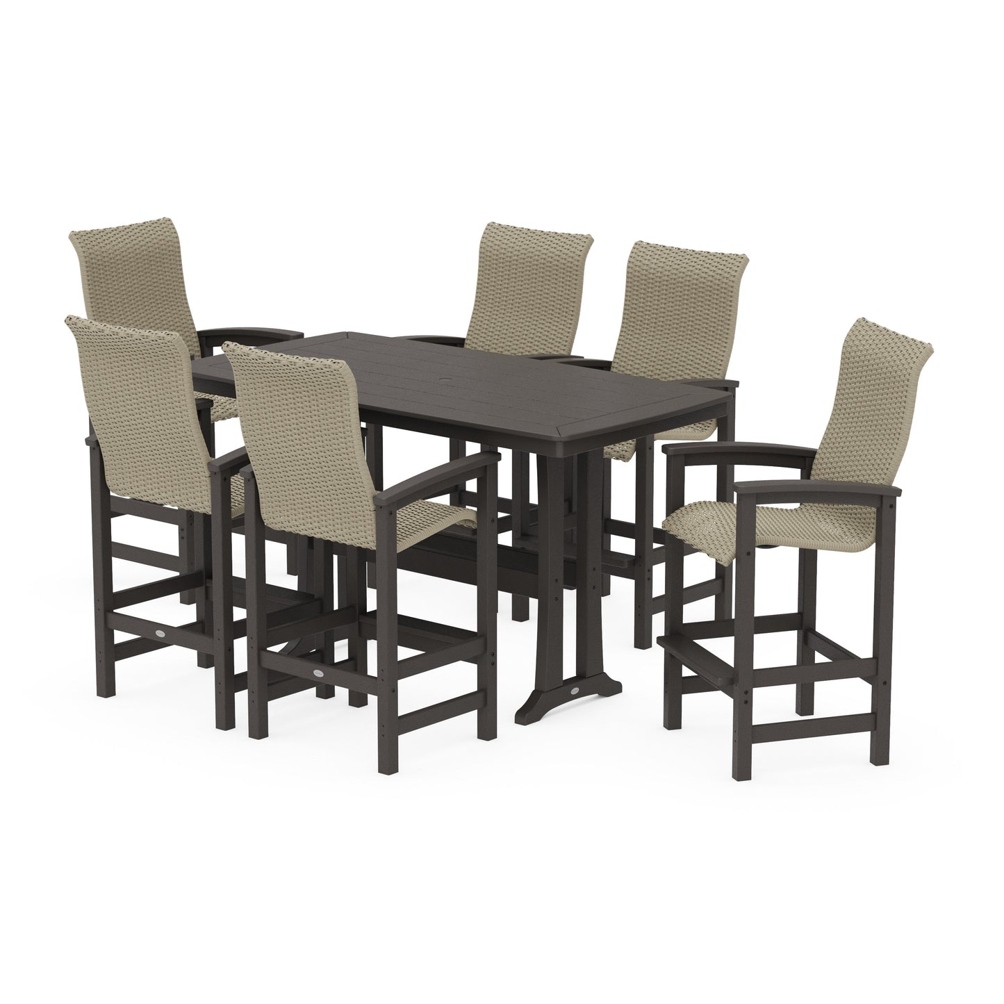 POLYWOOD Coastal Woven High-Back Arm Chair 7-Piece Bar Set with Trestle Legs — Vintage Coffee / Dune Grass