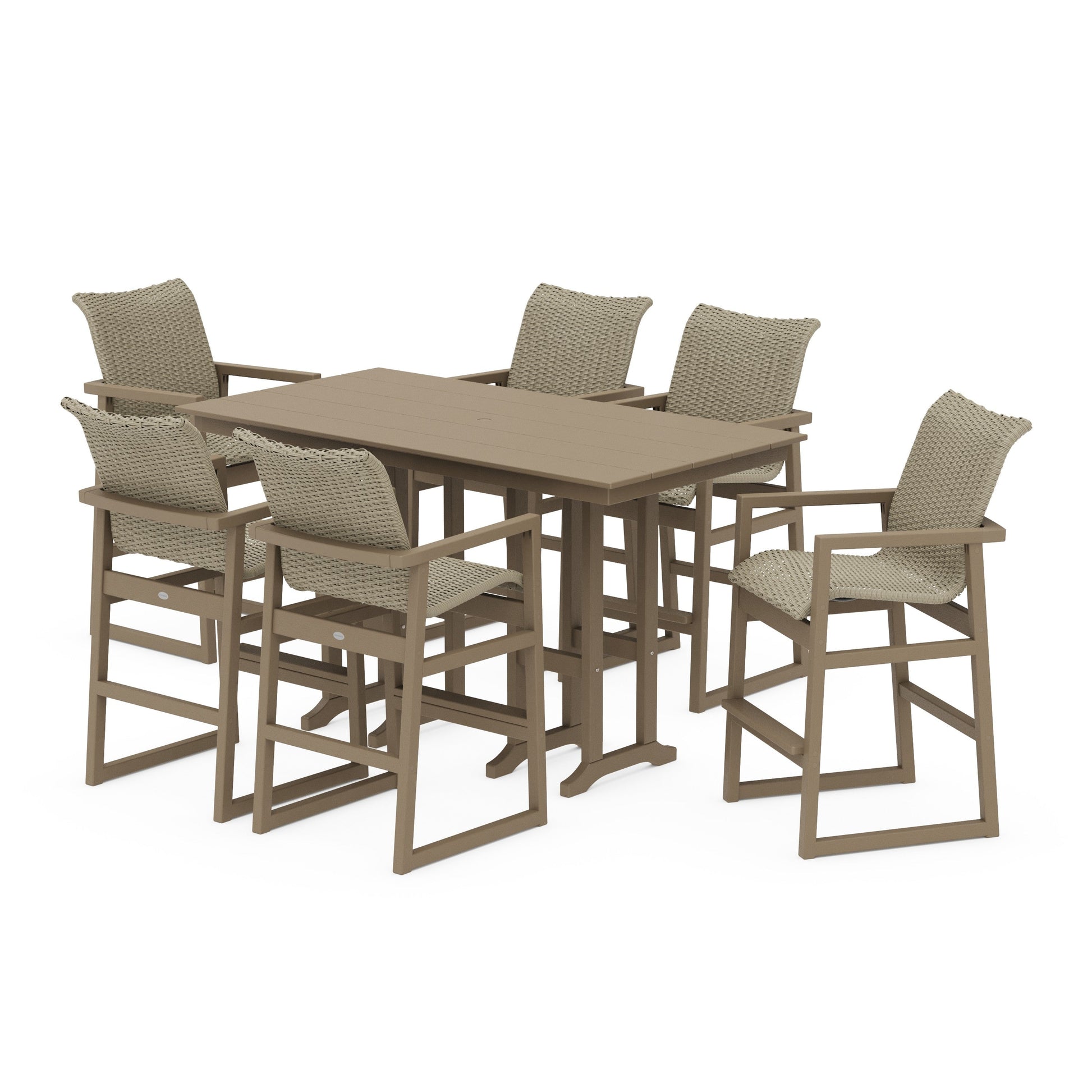 POLYWOOD EDGE Woven Arm Chair 7-Piece Farmhouse Bar Set — Vintage Sahara / Dune Grass