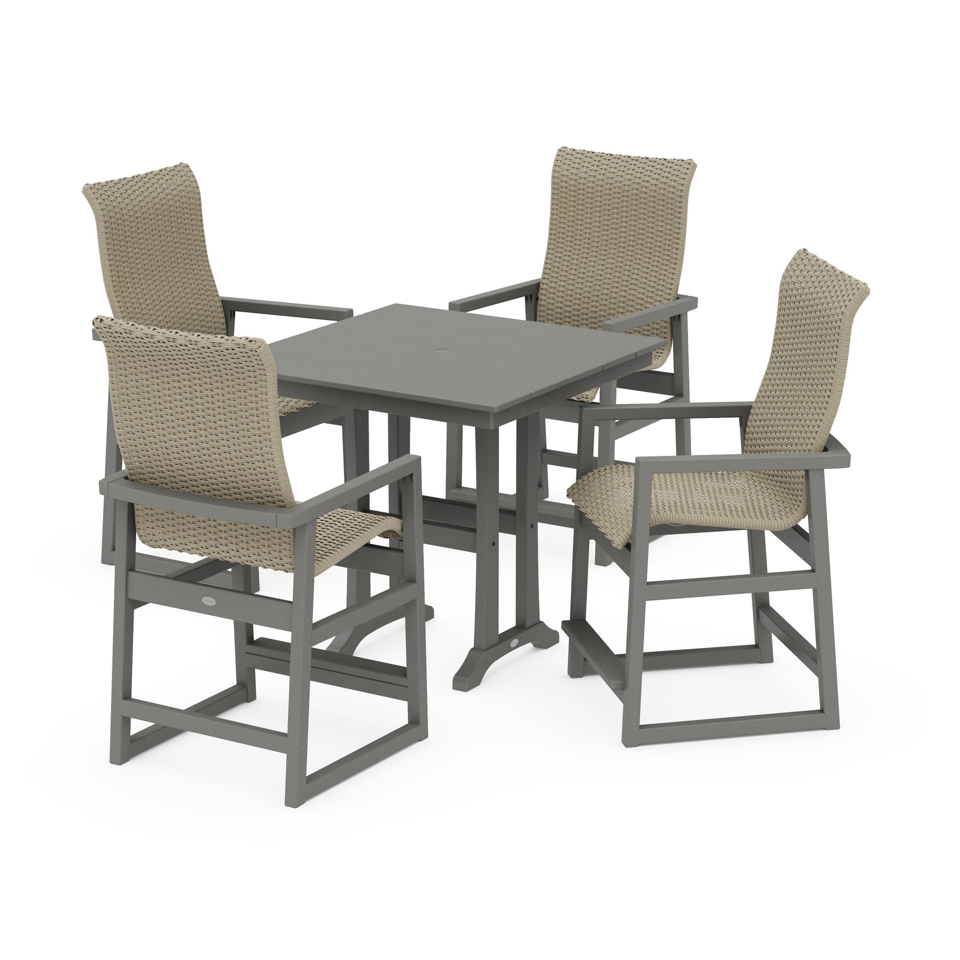 POLYWOOD EDGE Woven Highback 5-Piece Farmhouse Counter Set with Trestle Legs — Slate Grey / Dune Grass