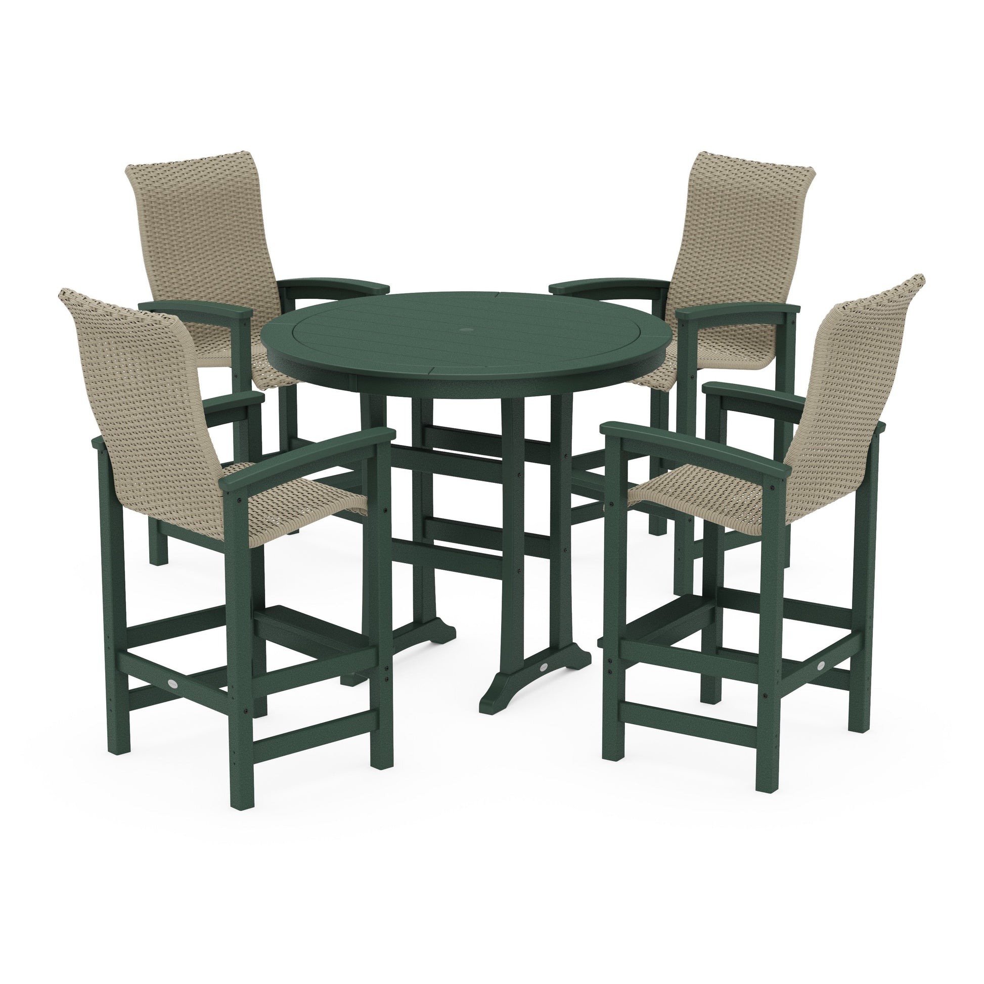 POLYWOOD Coastal Woven High-Back 5-Piece Round Bar Set — Green / Dune Grass