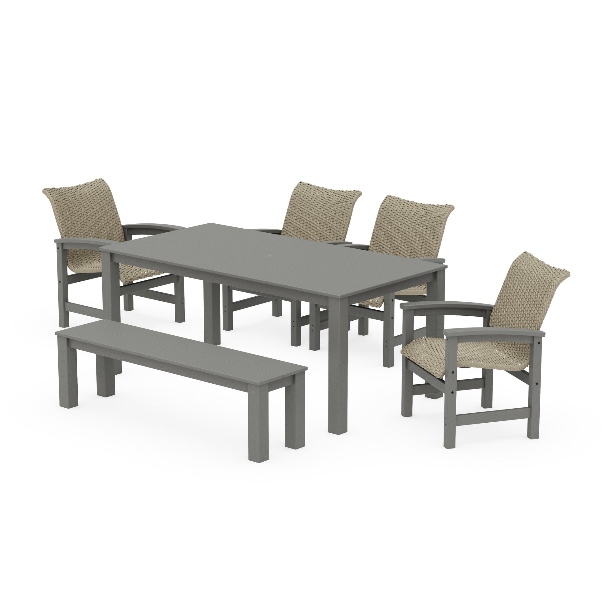 POLYWOOD Coastal Woven 6-Piece Parsons Dining Set with Bench — Slate Grey / Dune Grass