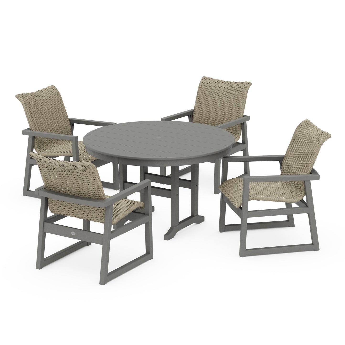 POLYWOOD EDGE Woven 5-Piece Round Farmhouse Dining Set — Slate Grey / Dune Grass
