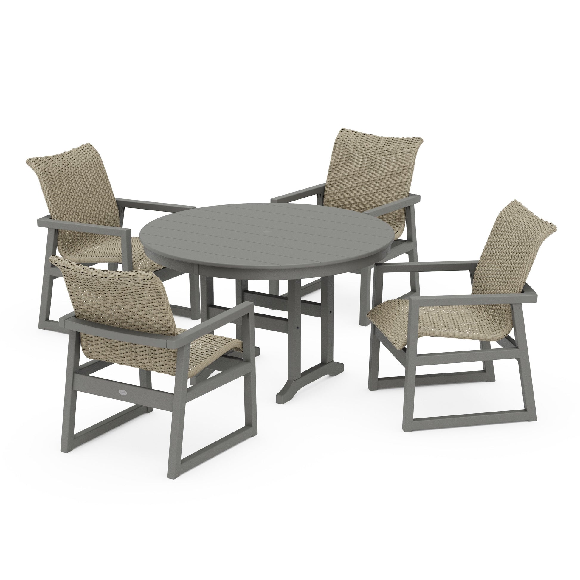 POLYWOOD EDGE Woven 5-Piece Round Farmhouse Dining Set — Slate Grey / Dune Grass