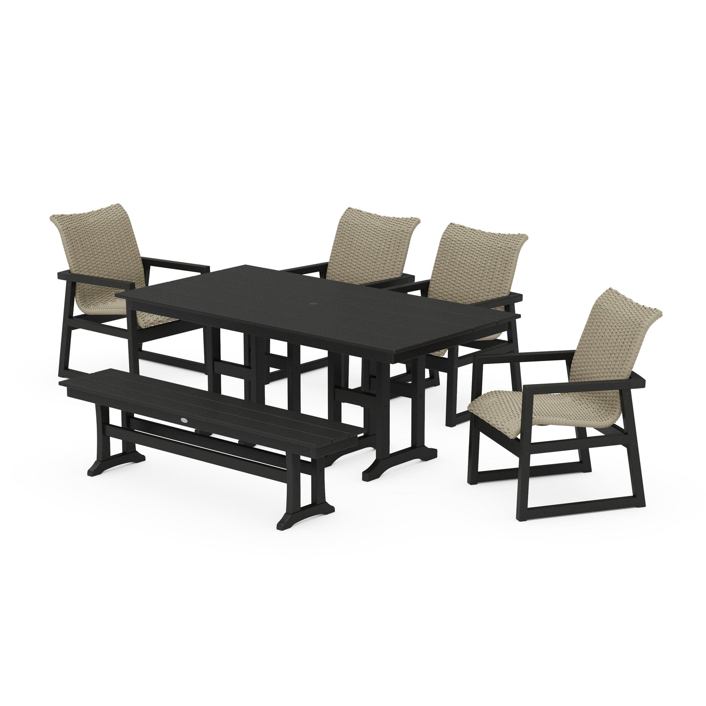 POLYWOOD EDGE Woven 6-Piece Farmhouse Dining Set with Bench — Black / Dune Grass