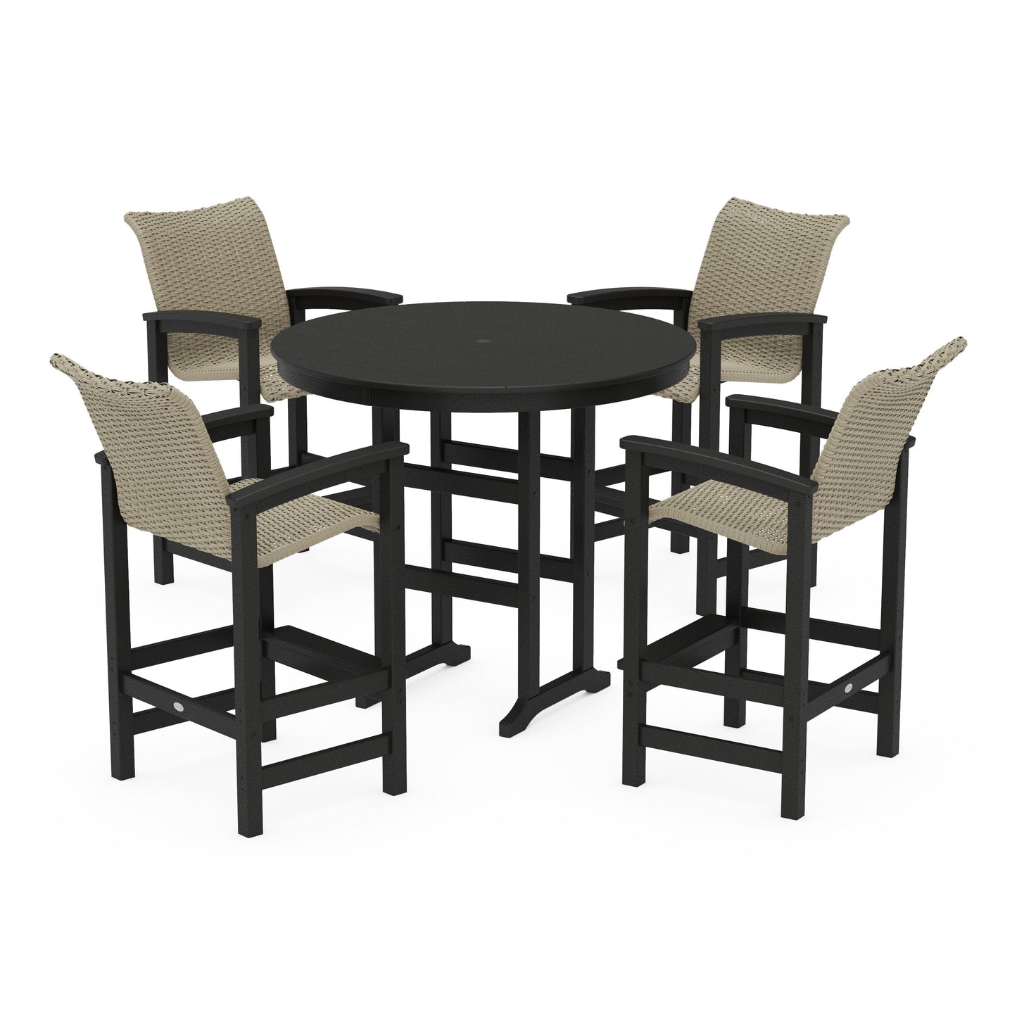 POLYWOOD Coastal Woven 5-Piece Round Farmhouse Bar Set — Black / Dune Grass